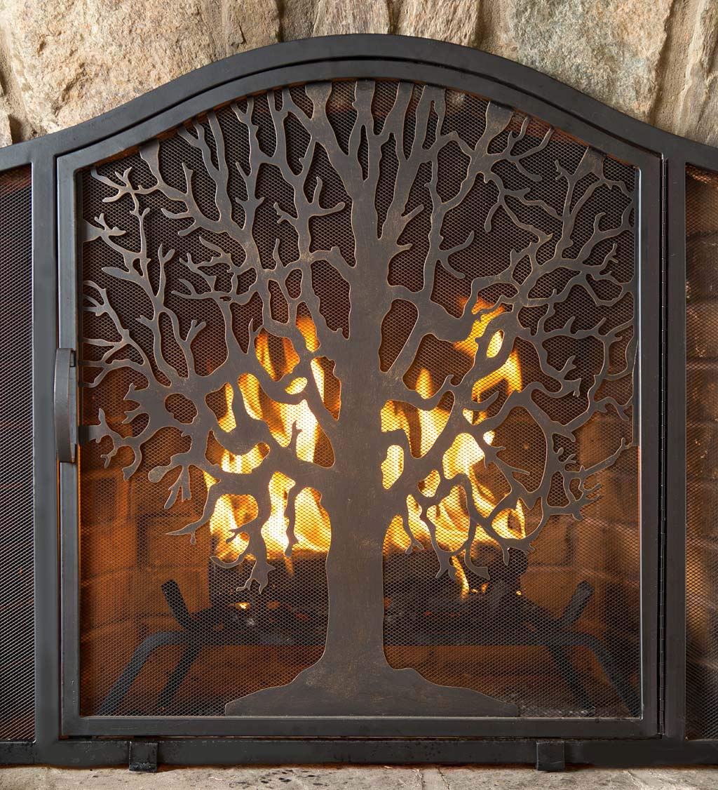 Plow & Hearth Metal Fireplace Screen Tree Of Life Black | 44'' W X 33'' H | Flatguard | Spark Guard Grate | Iron Fire Place Cove