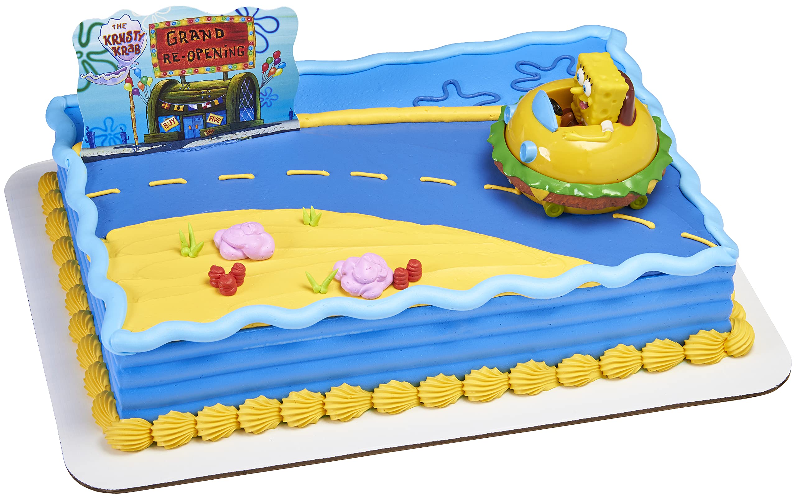 Decoseta Spongebob Square Pants Krabby Patty Cake Topper, 2-Piece Birthday Party Set With Rolling Car Figure For Fun After The P