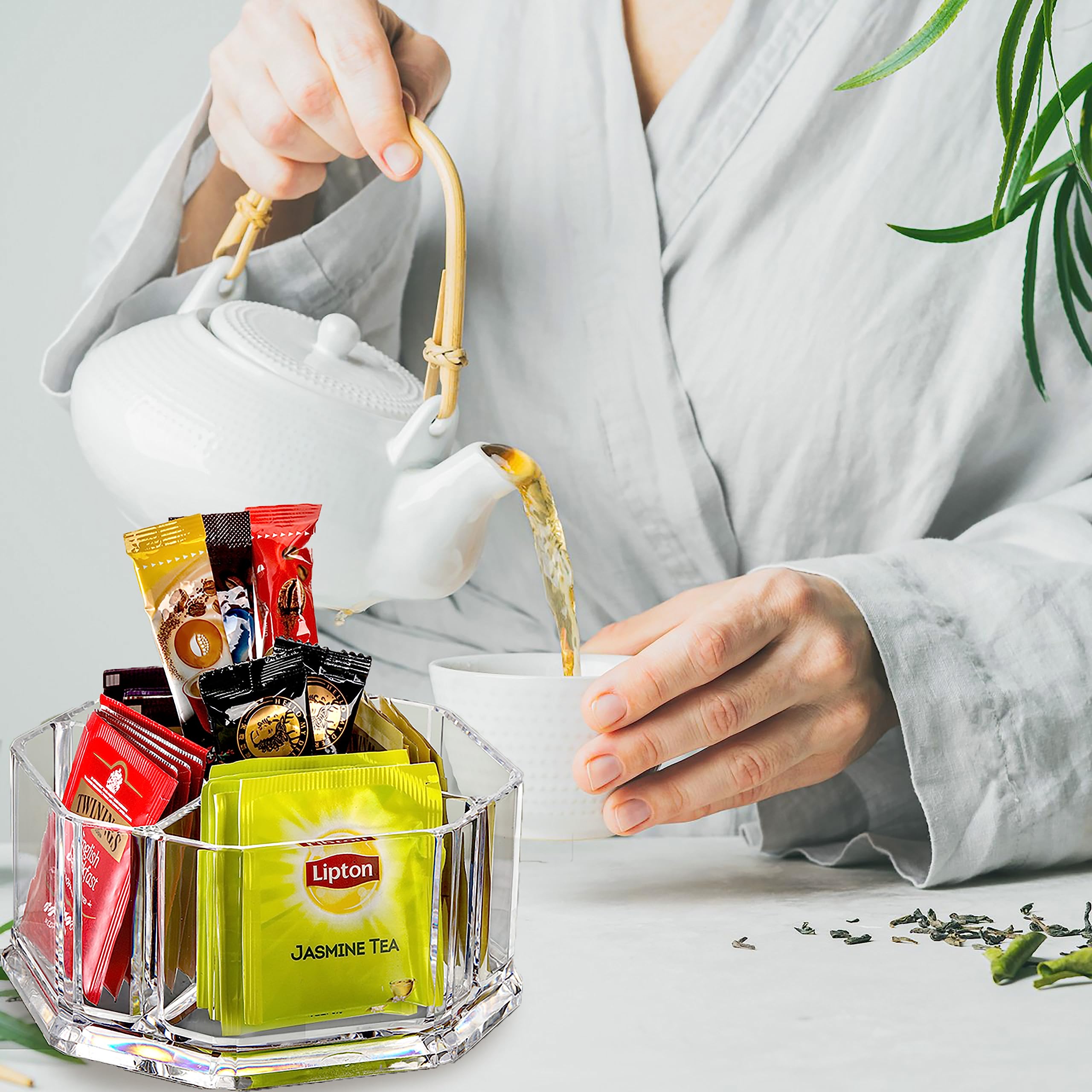 Hiceeden Acrylic Tea Bag Organizer, 5 Compartment Sugar Packets Holder Divided Coffee Condiment Storage Caddy Box For Kitchen Ca