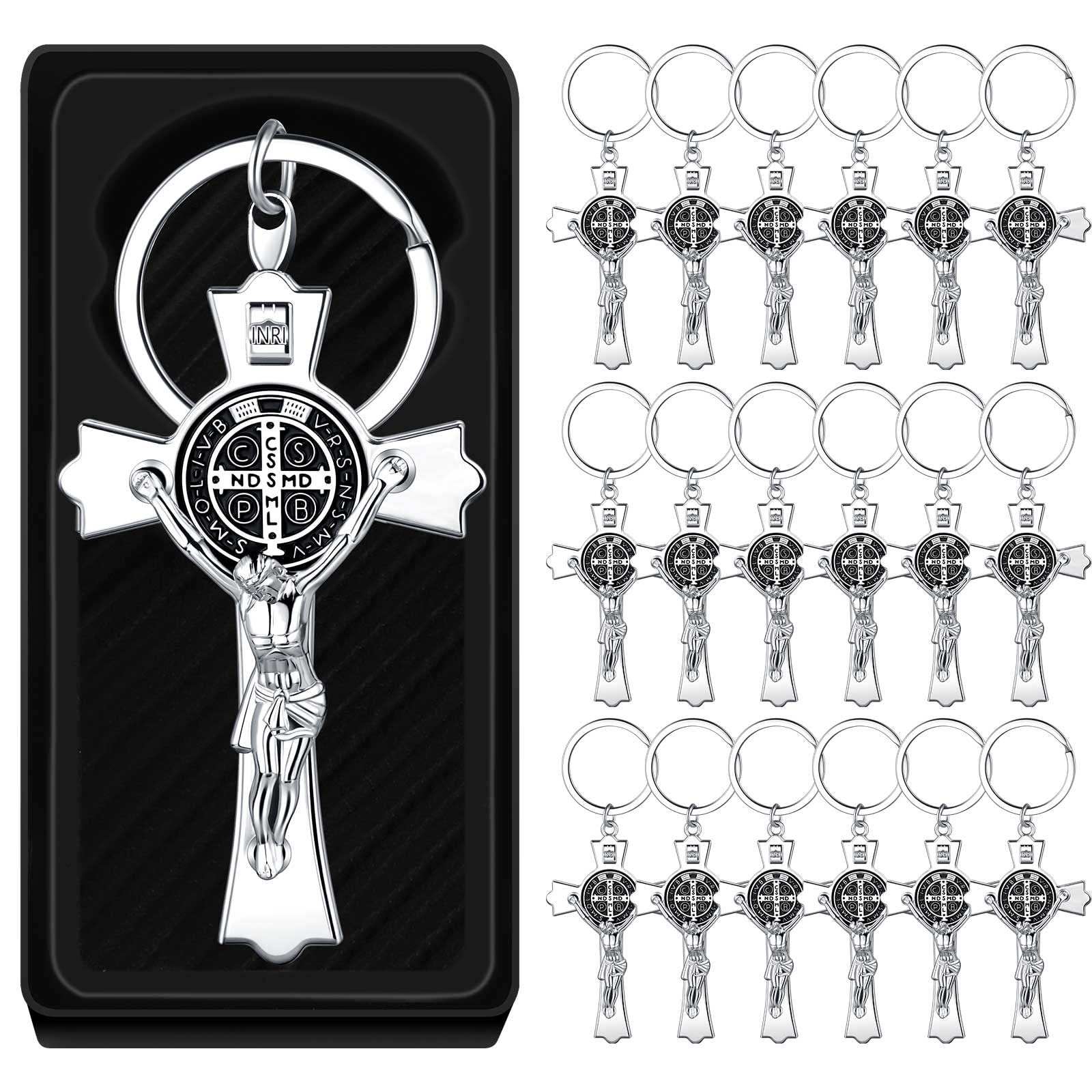 Junkin Saint Benedict Crucifix Jesus Keychain Medal Cross Catholic Keychain Recuerdos De Bautizo for Baptism Communion(24 Pack)