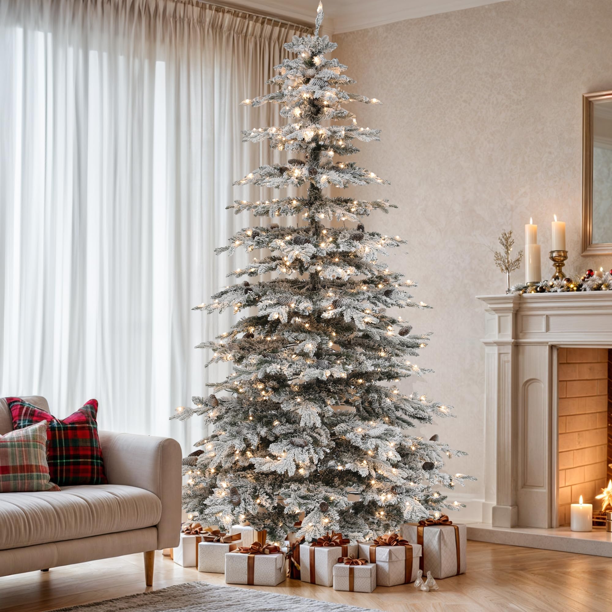 YITAHOME 7.5FT Prelit Flocked Christmas Tree w/Remote, Pre-Decorated Mountain Pine Hierarchical Tower Flocked Xmas Tree w/ 1278