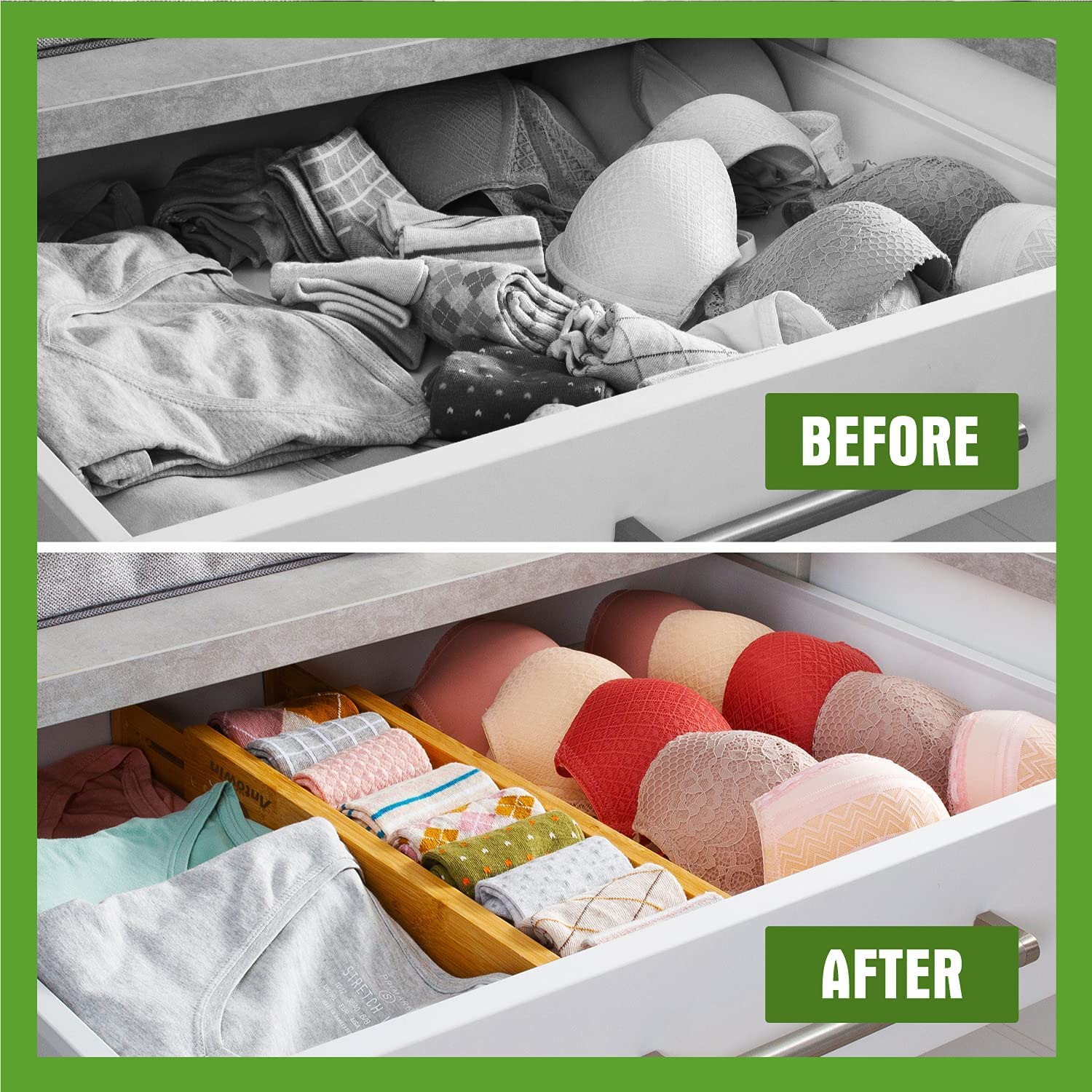 ANTOWIN Bamboo Drawer Dividers, Expandable Drawer Separators Splitter, 17-22 inches Adjustable Spring-loaded Organizer for Large