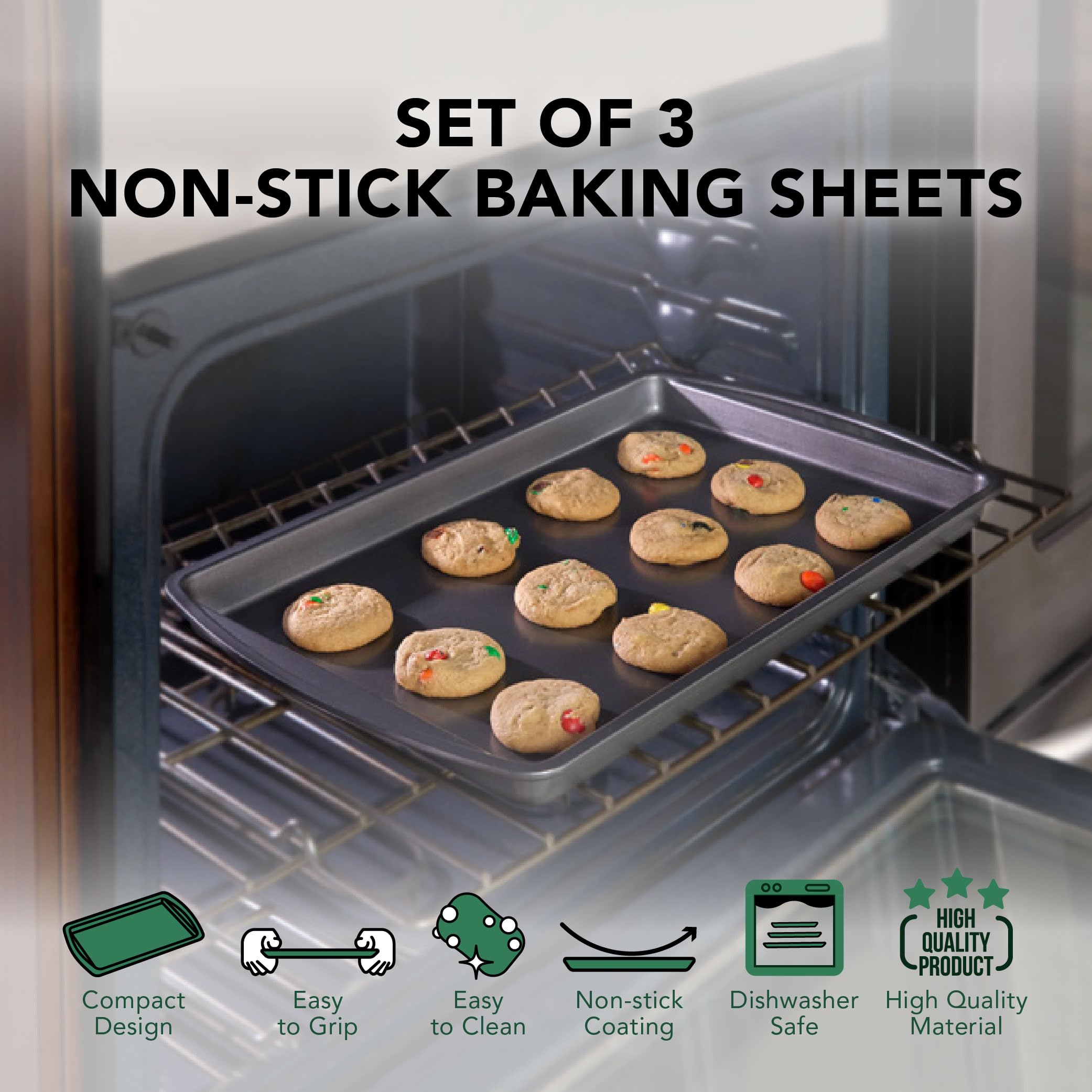 Nifty Cookie & Baking Sheets (Set Of 3) - Non-Stick Coated Steel, Dishwasher Safe, Oven Safe Up To 450 Degrees, Includes Large/M