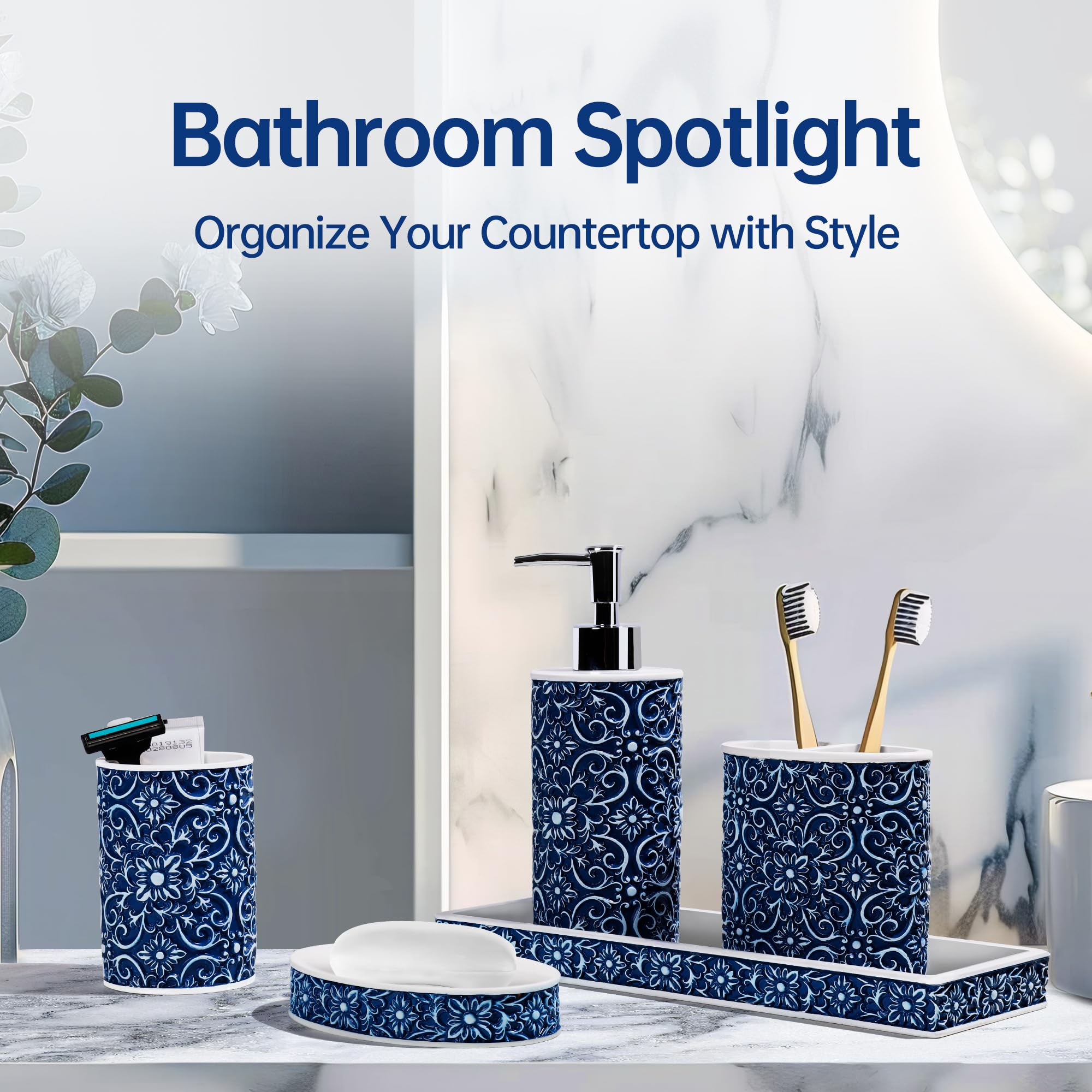 Ymxyjm Bathroom Accessories Set, Elegant Handmade Floral Pattern, 5 Pcs Bathroom Accessory Set, Soap Dispenser, Toothbrush Holde