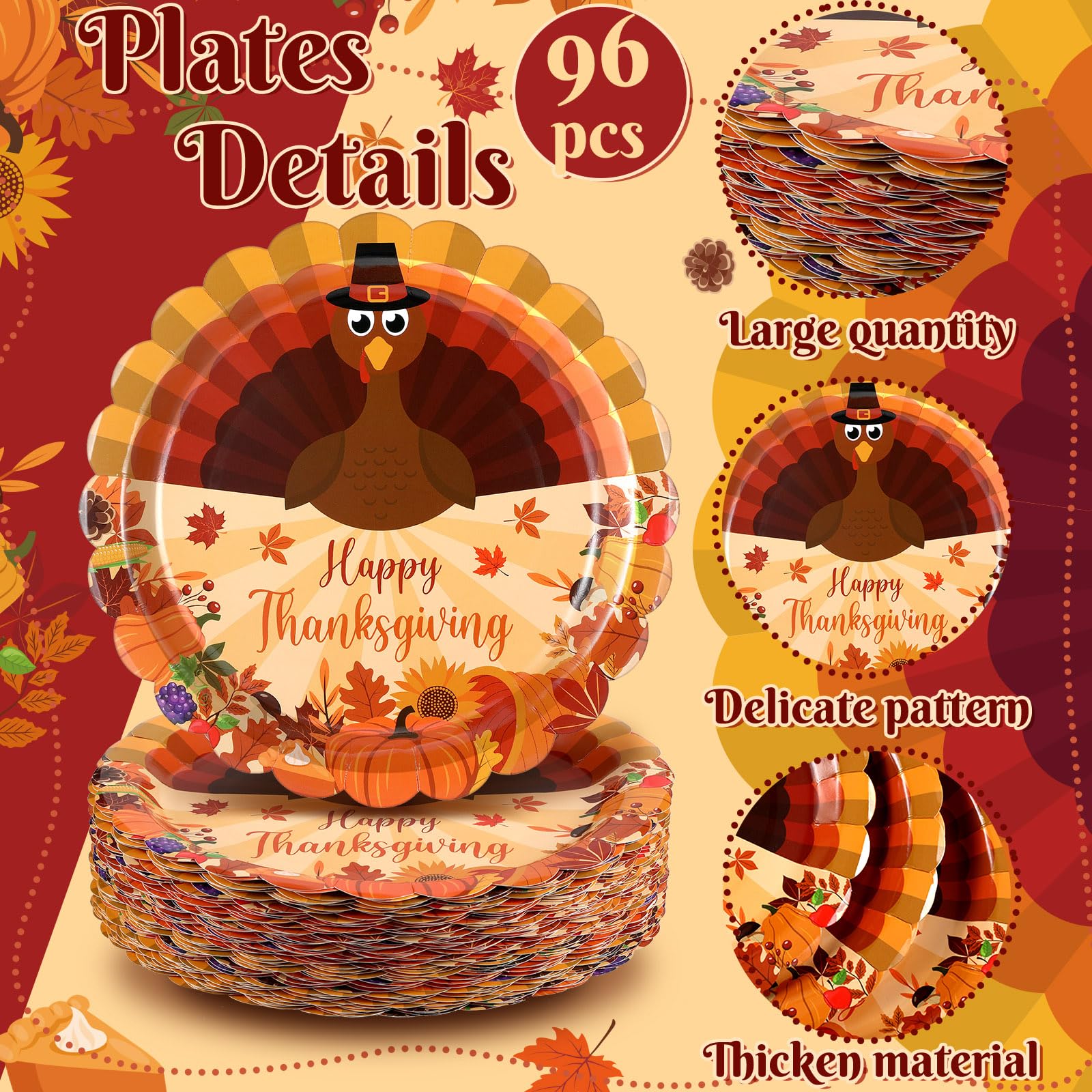 Fourluoo 96 Pcs Thanksgiving Turkey Paper Plates Disposable 9 Inch Turkey Plates for Thanksgiving Fall Party Birthday Party Deco