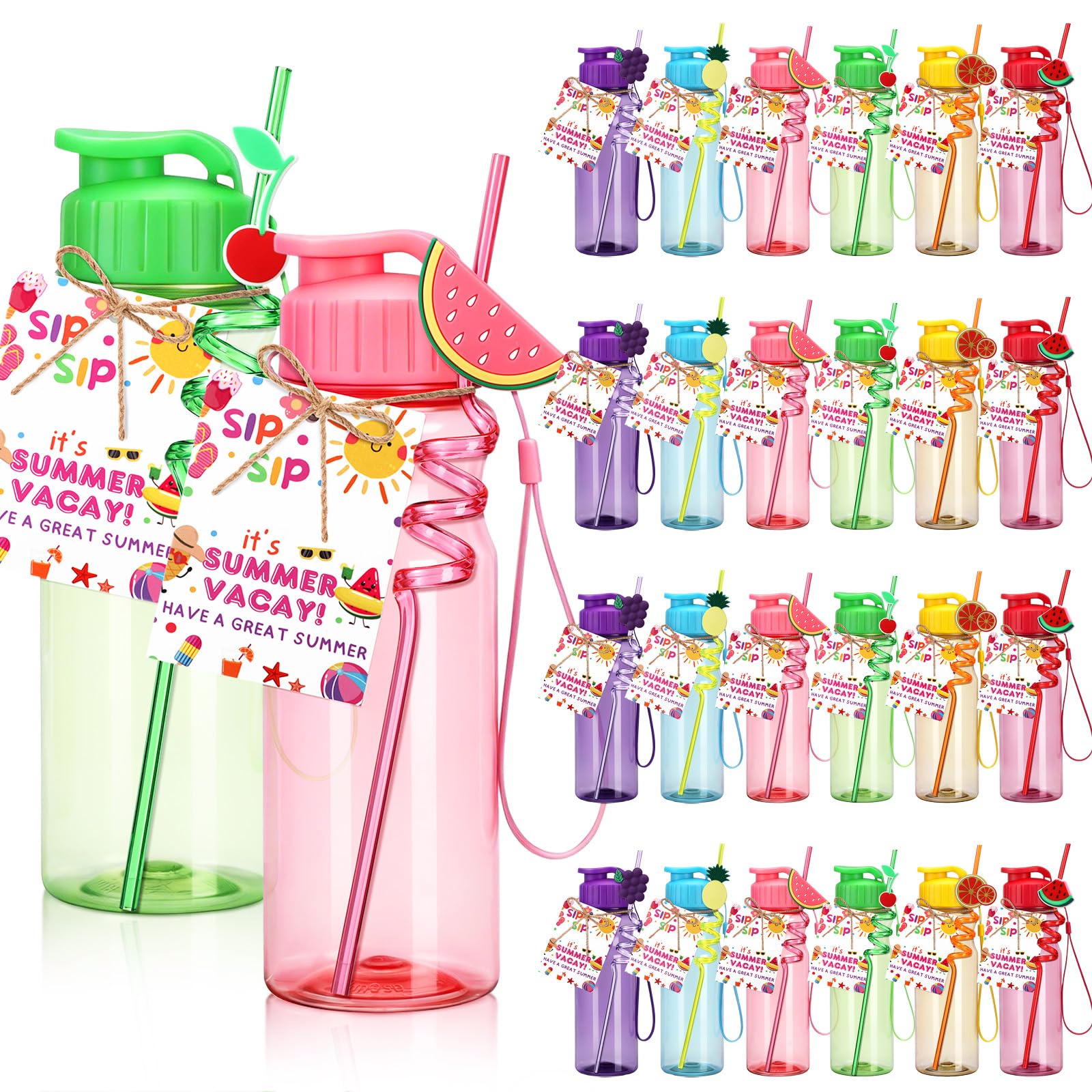 CHENGU 24 Set 18 oz Water Bottles with Fruit Straws Bulk End of The Year Gifts for Students from Teacher Plastic Water Bottles S