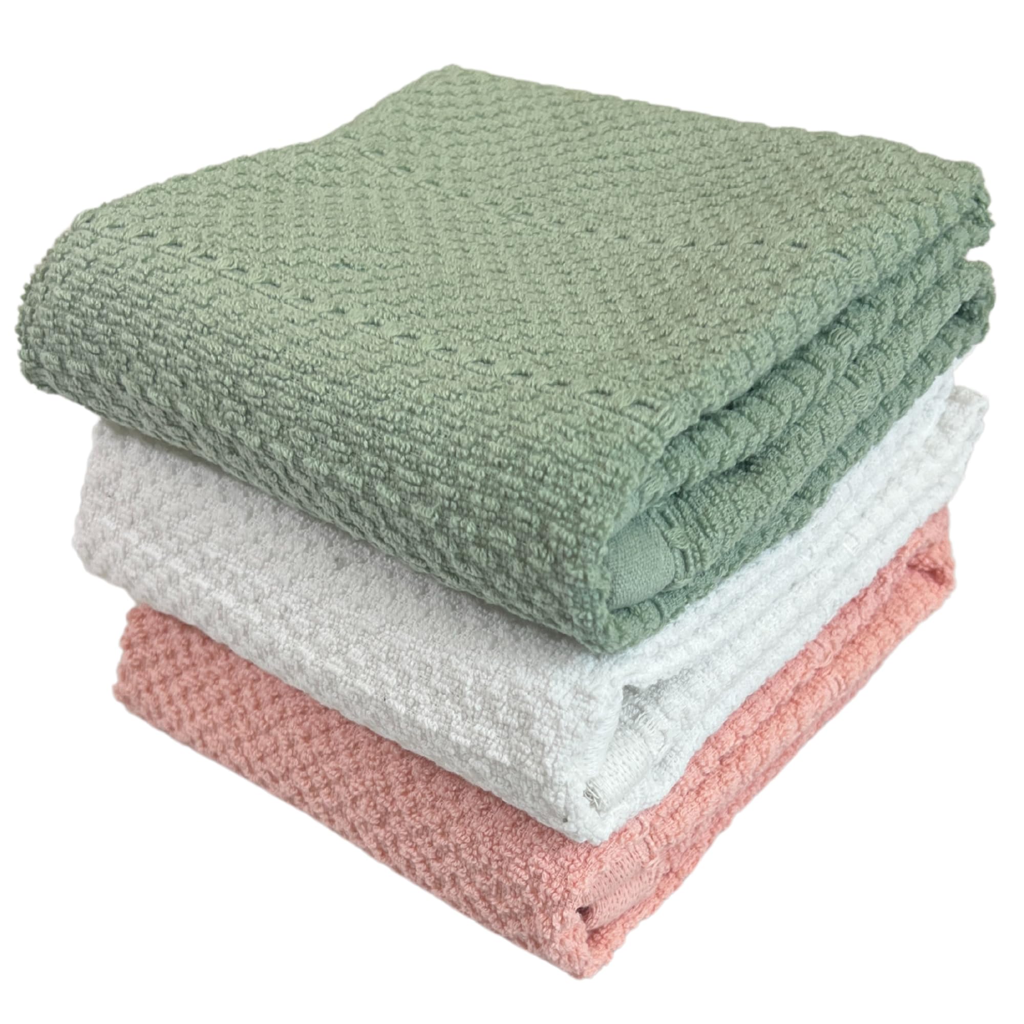 Sage White Light Pink Kitchen Hand Dish Towels: Oversized 28 x 18,100% Cotton Cloth Soft Cleaning Drying Absorbent Textured Desi