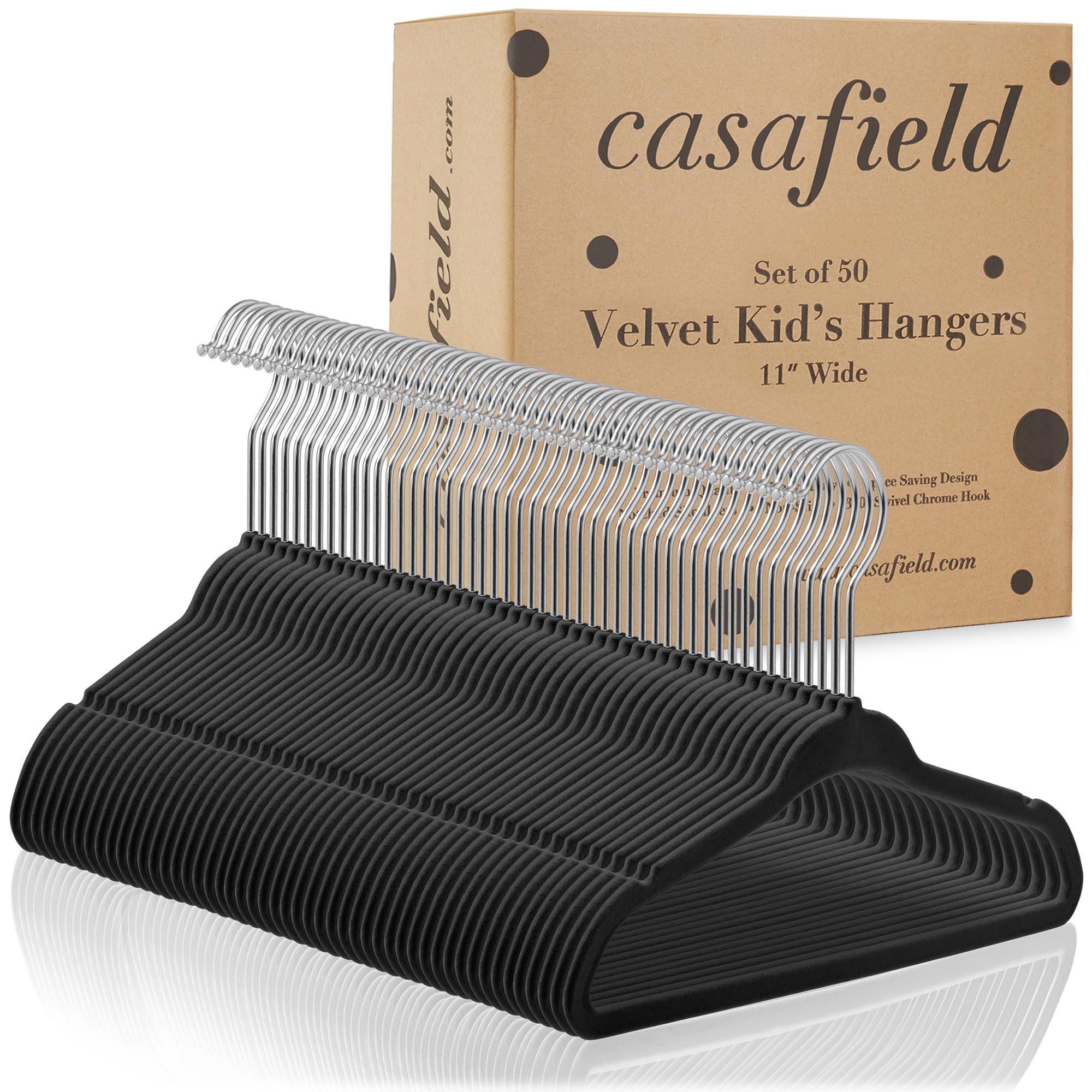 Casafield 50 Velvet Baby Hangers - 11'' Size For Infant & Toddler Clothes - Black