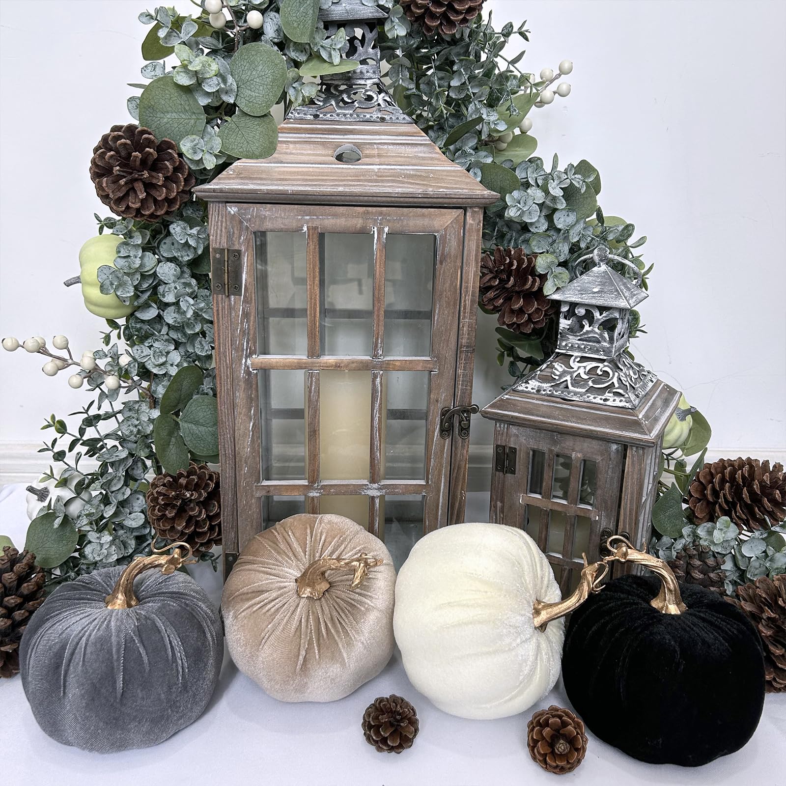 Winlyn 4 Pcs Assorted Faux Velvet Pumpkins Decorative Fabric Pumpkins Foam Pumpkins in White Black Gray Taupe 5  for Thanksgivin