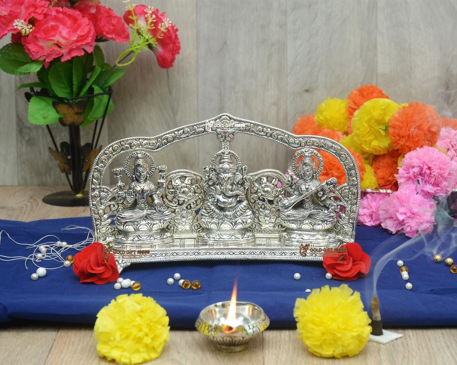 Goldgiftideas Oxidized White Metal Handcrafted Laxmi Ganesha Saraswati Idol For Pooja Room, Spiritual Gift Item, Laxmi Ganesh Sa