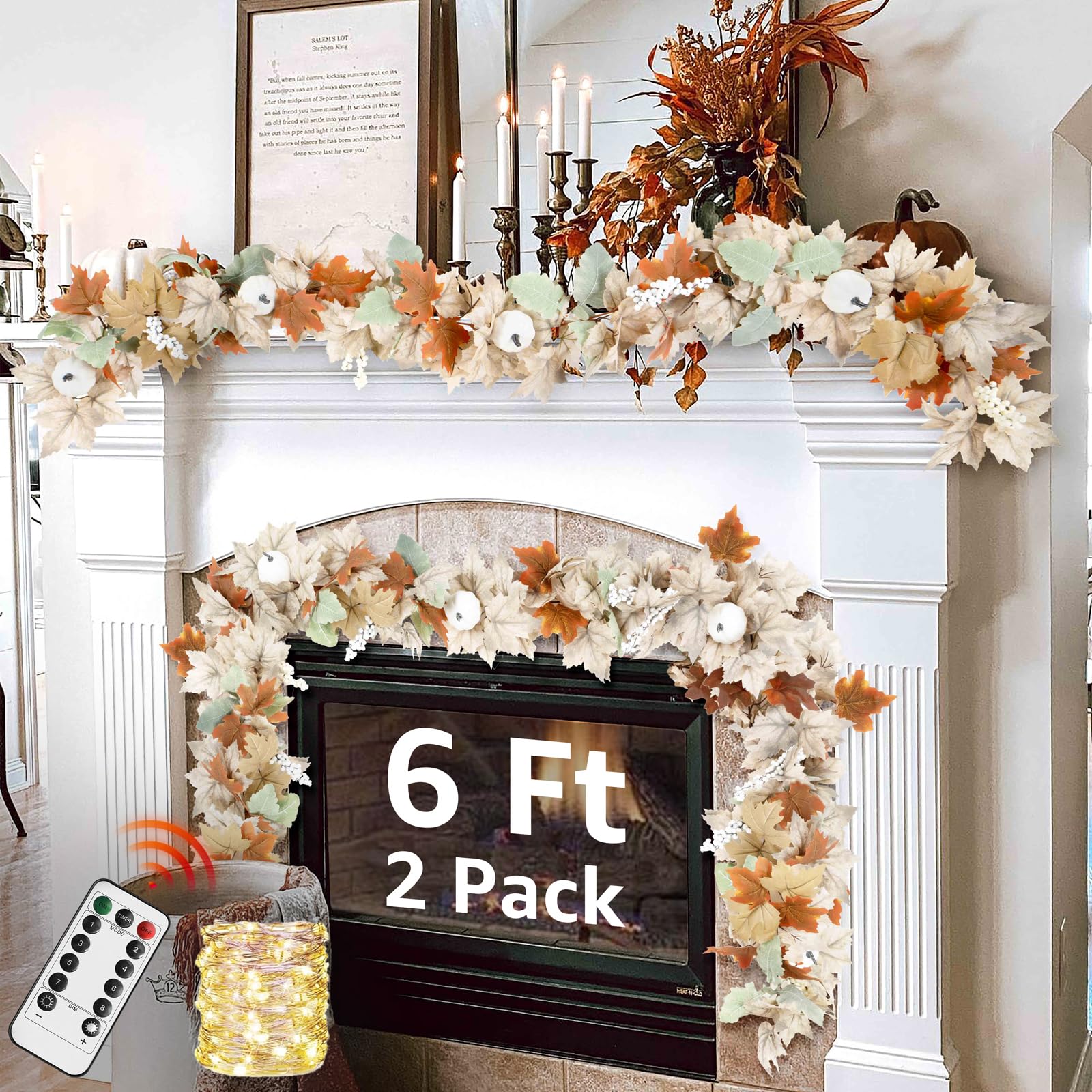 Neutral Fall Garland for Mantle Fireplace - 2 Pack 6Ft Outdoor Autumn Leaves Decor for Home Indoor Maple for Farmhouse Front Doo