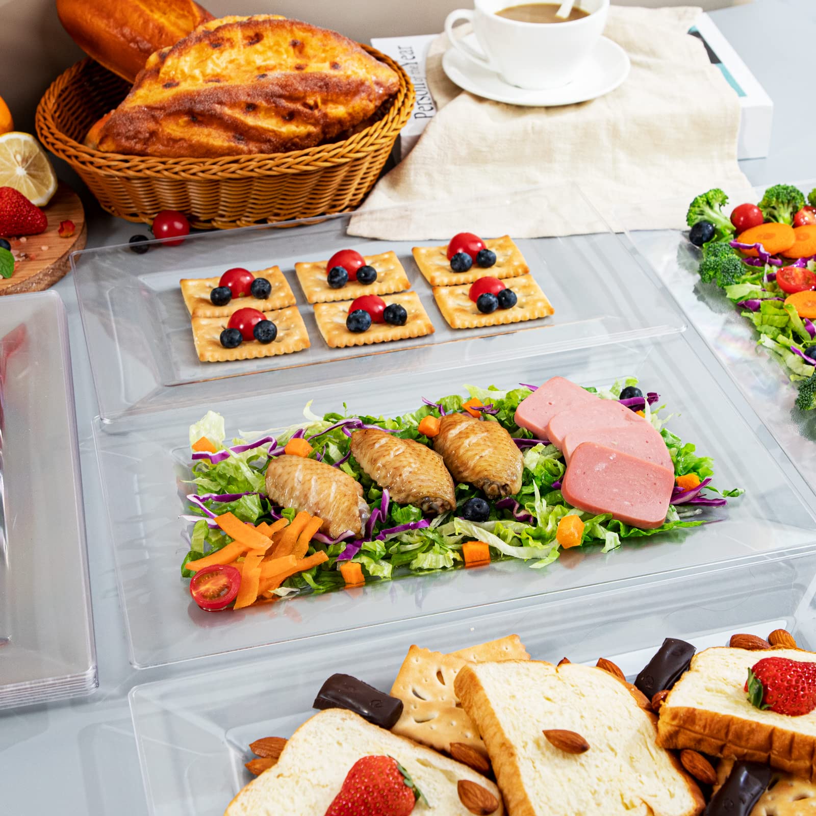 Dayammi 12 Pack Plastic Serving Trays, Heavy Duty Clear Plastic Serving Platters 13     8    Rectangle Disposable Serving Platte
