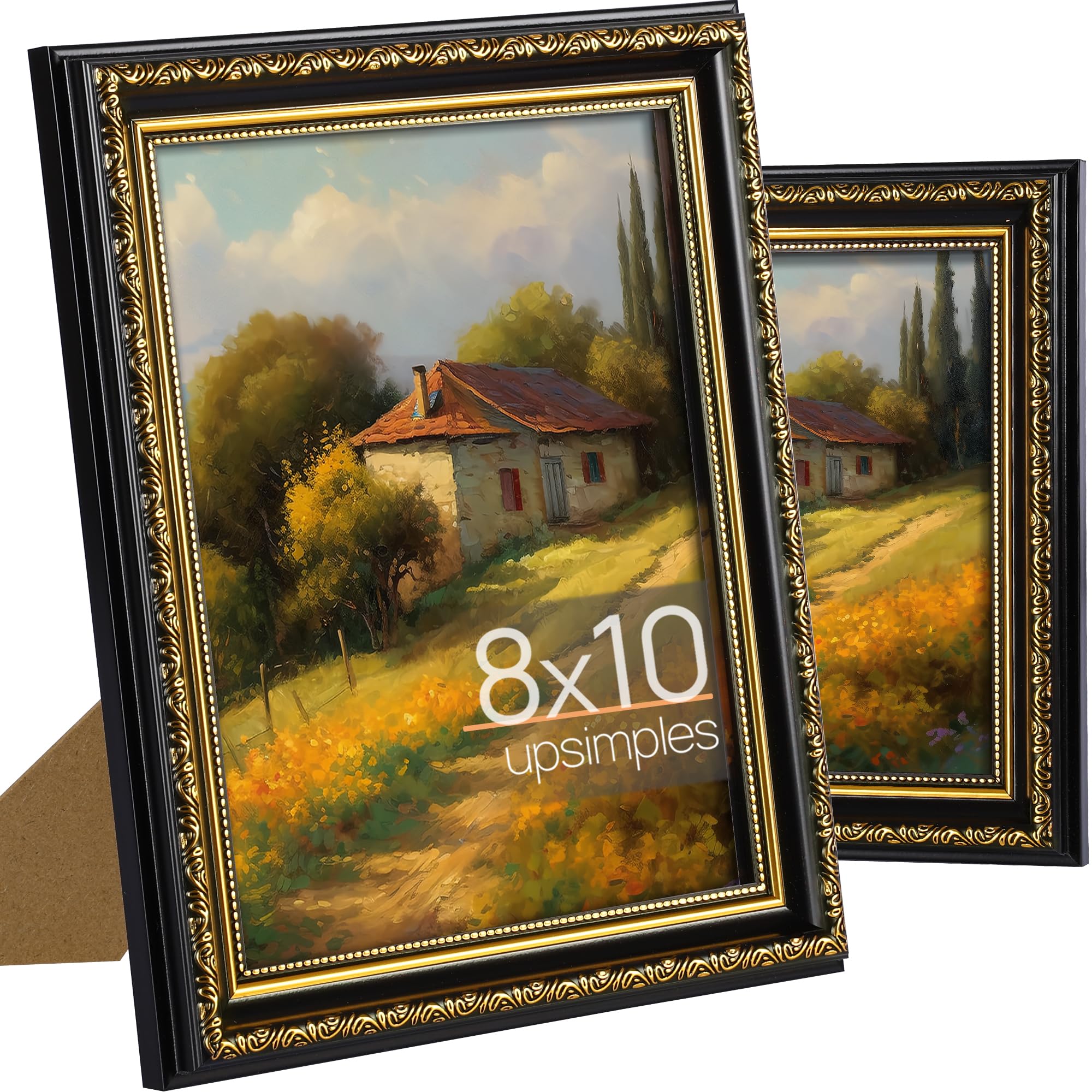 upsimples 8x10 Picture Frame with Real Glass, 2 Pack Ornate Vintage Picture Frames for Wall or Tabletop Display, Gold and Black 