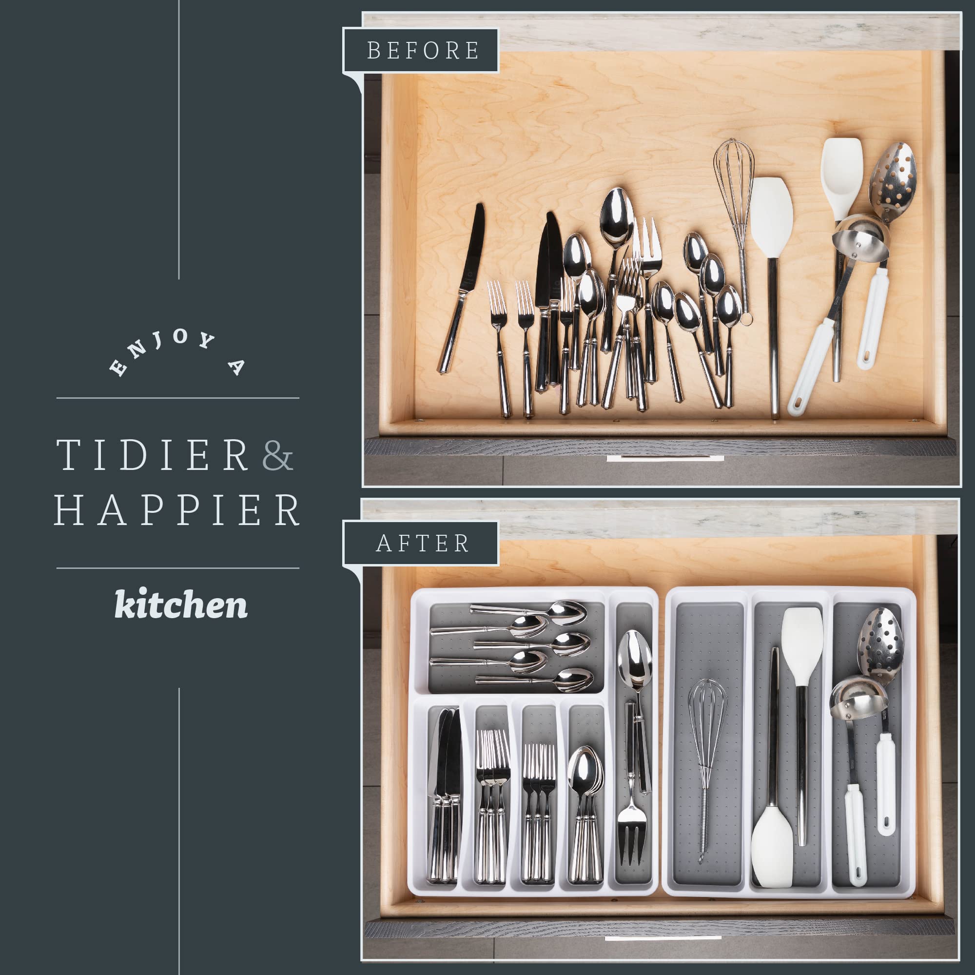 Masirs No-Slip Silverware Tray Organizer, Accommodates Different Kitchen Utensil And Cutlery Sizes, Deep Enough To Fit Entire Dr