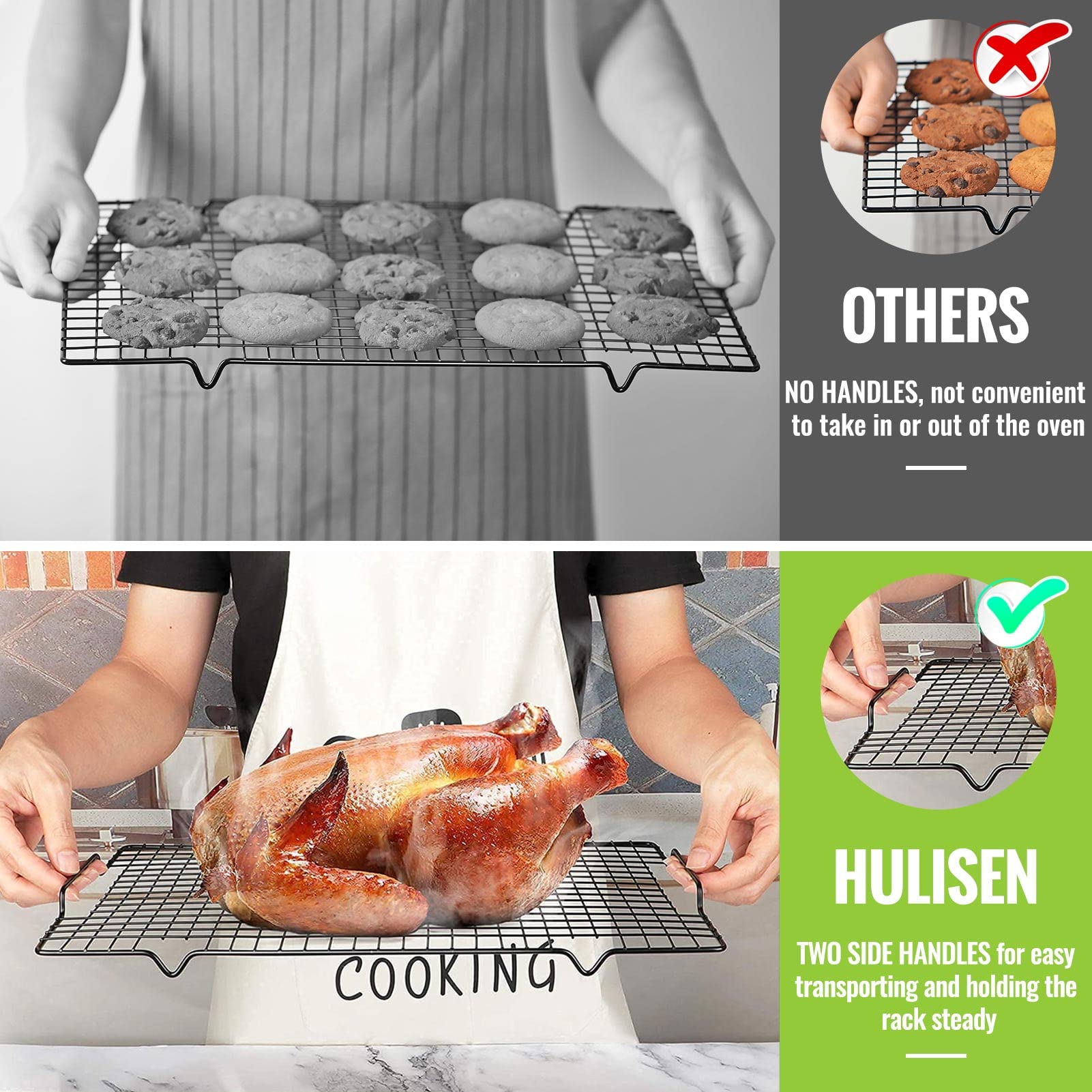 Hulisen 4 Pack Cooling Racks - 16'' X 10'', Nonstick Wire Baking Rack With Handle Fits Half Sheet Pan For Cooking, Roasting, Gri