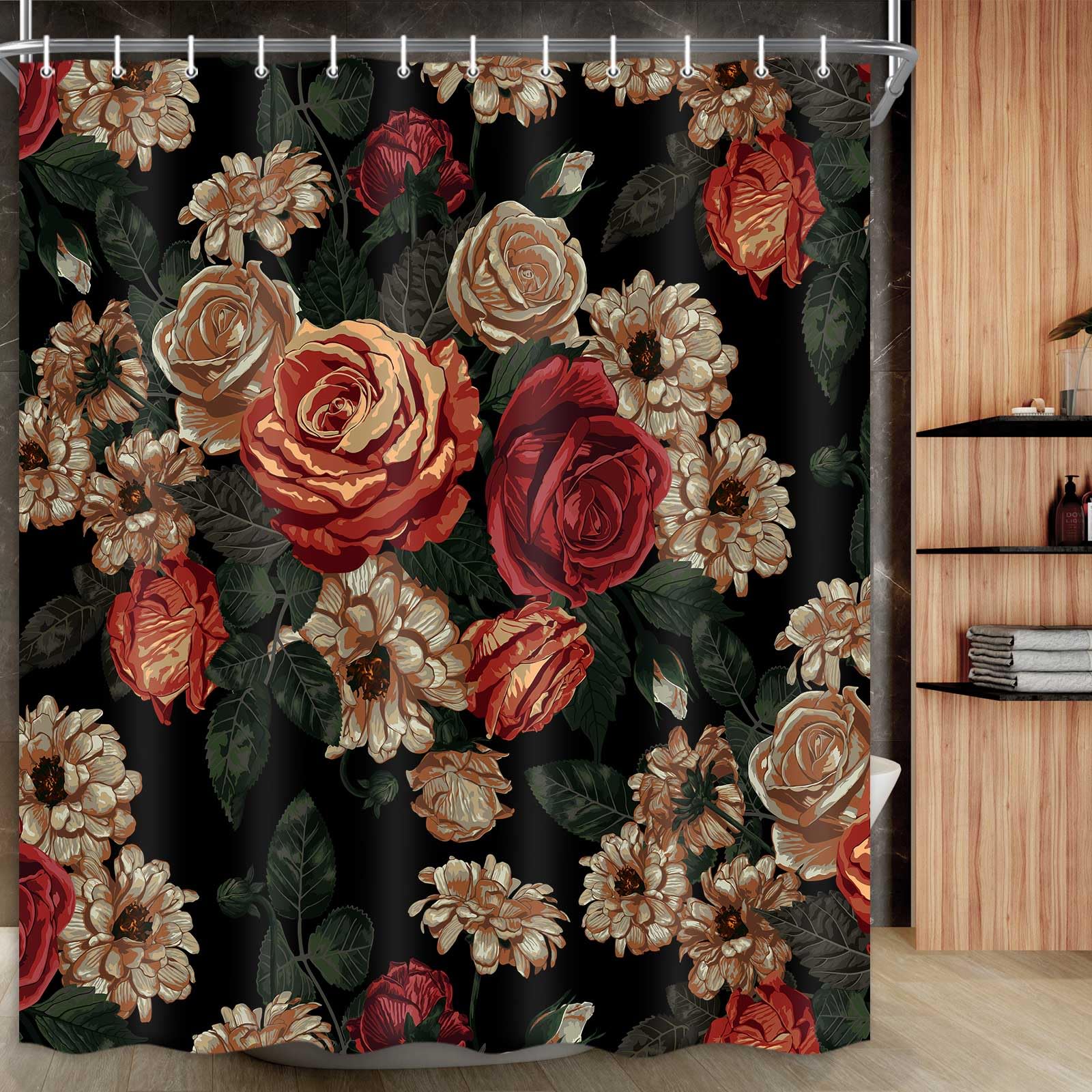 Drgilau Floral Shower Curtains, Vintage Floral Shower Curtain Set Red Flower Plants Bathroom Curtain, Boho Floral Bath Curtain S