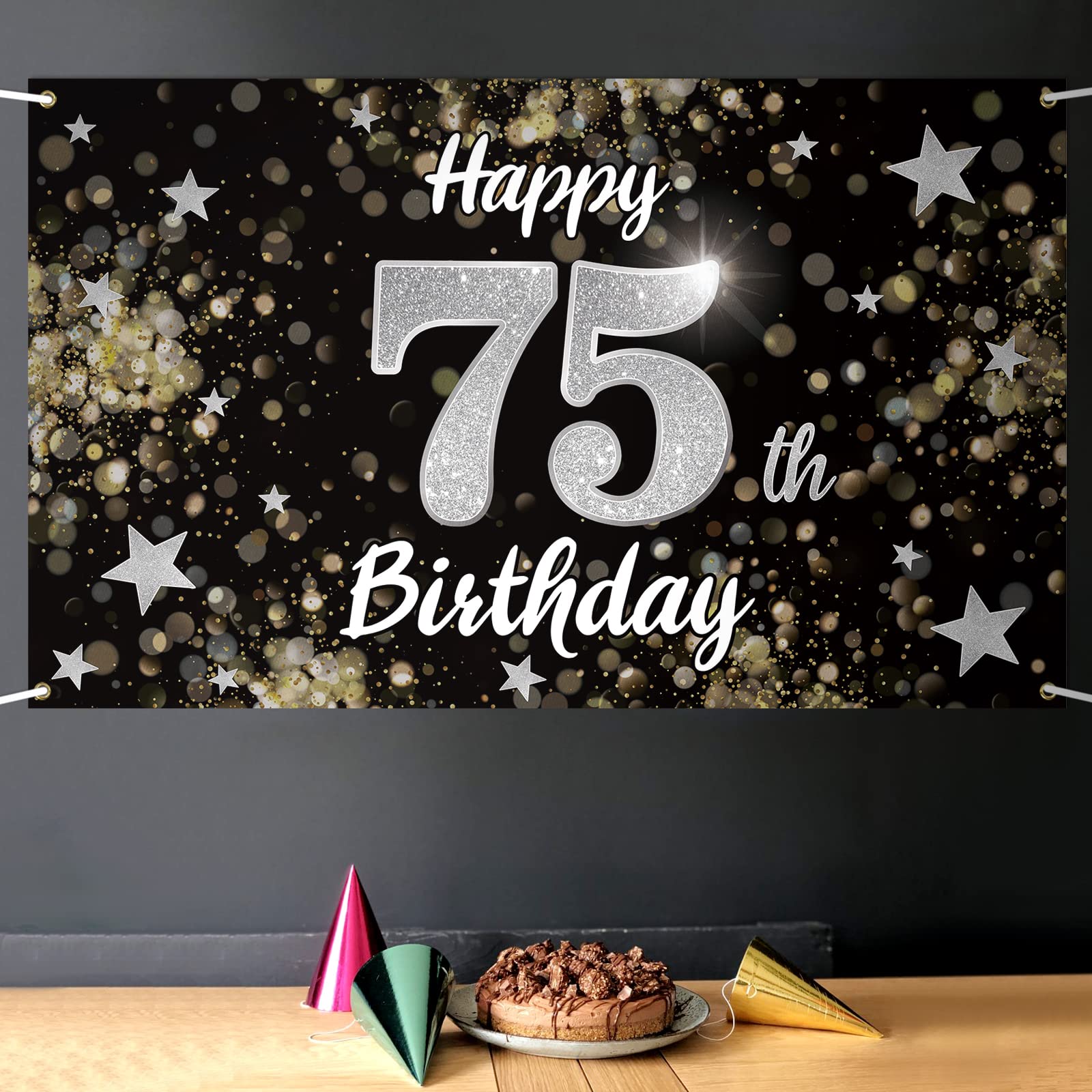 Nelbiirth Happy 75Th Birthday Decorations,75Th Black & Silver Dream Star Large Birthday Banner Backdrop Sign - Cheers To 75 Year