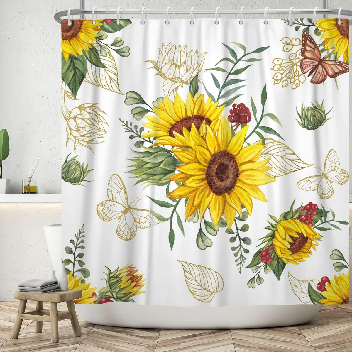 Awert Vibrant Sunflower Shower Curtain For Bathroom,Waterproof Fabric Plants Shower Curtain With Hooks 72X84 Inch