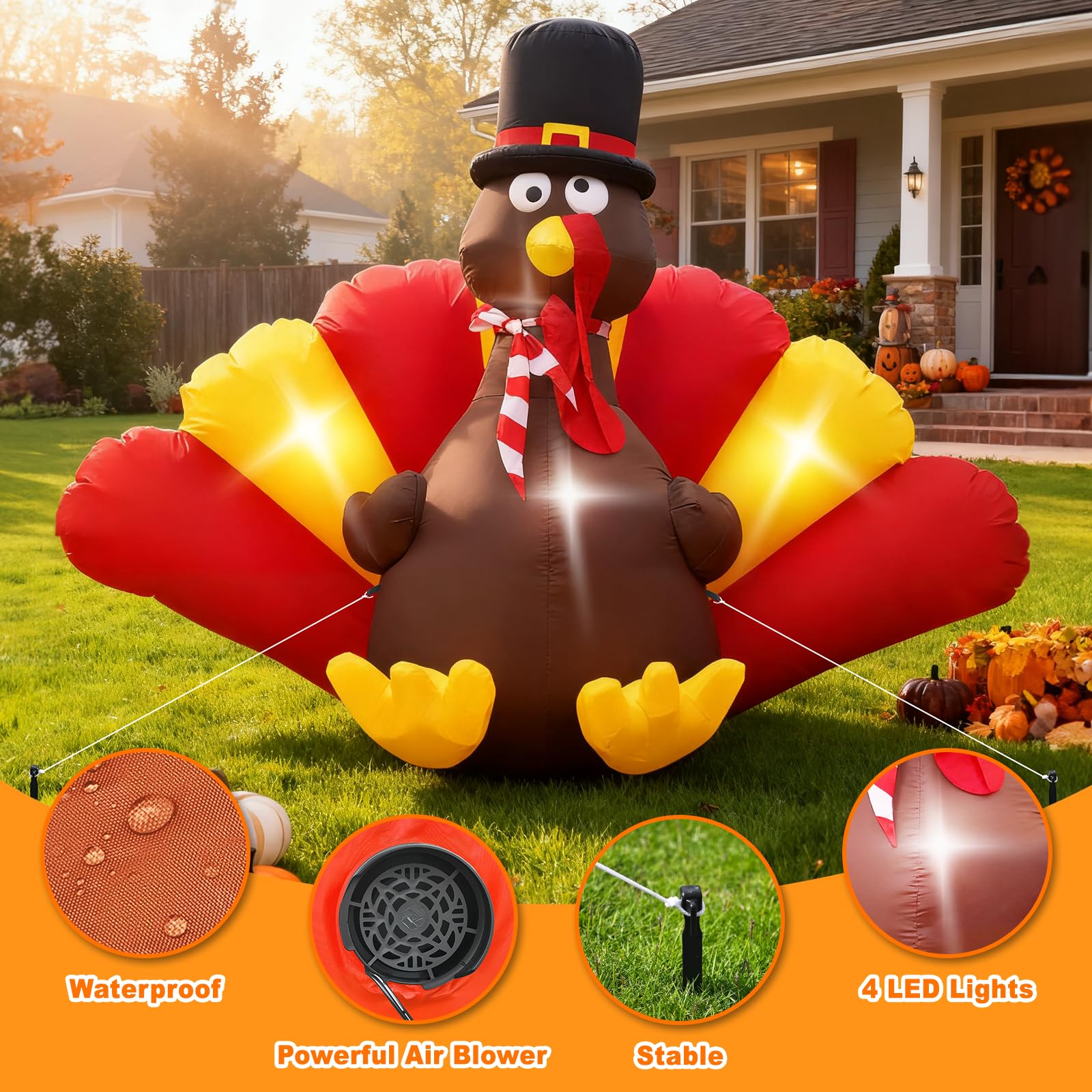 Thanksgiving Inflatables Turkey Outdoor, 5 FT Thanksgiving Blow Up Turkeys with LED Lights Built-in for Holiday, Party, Yard, La