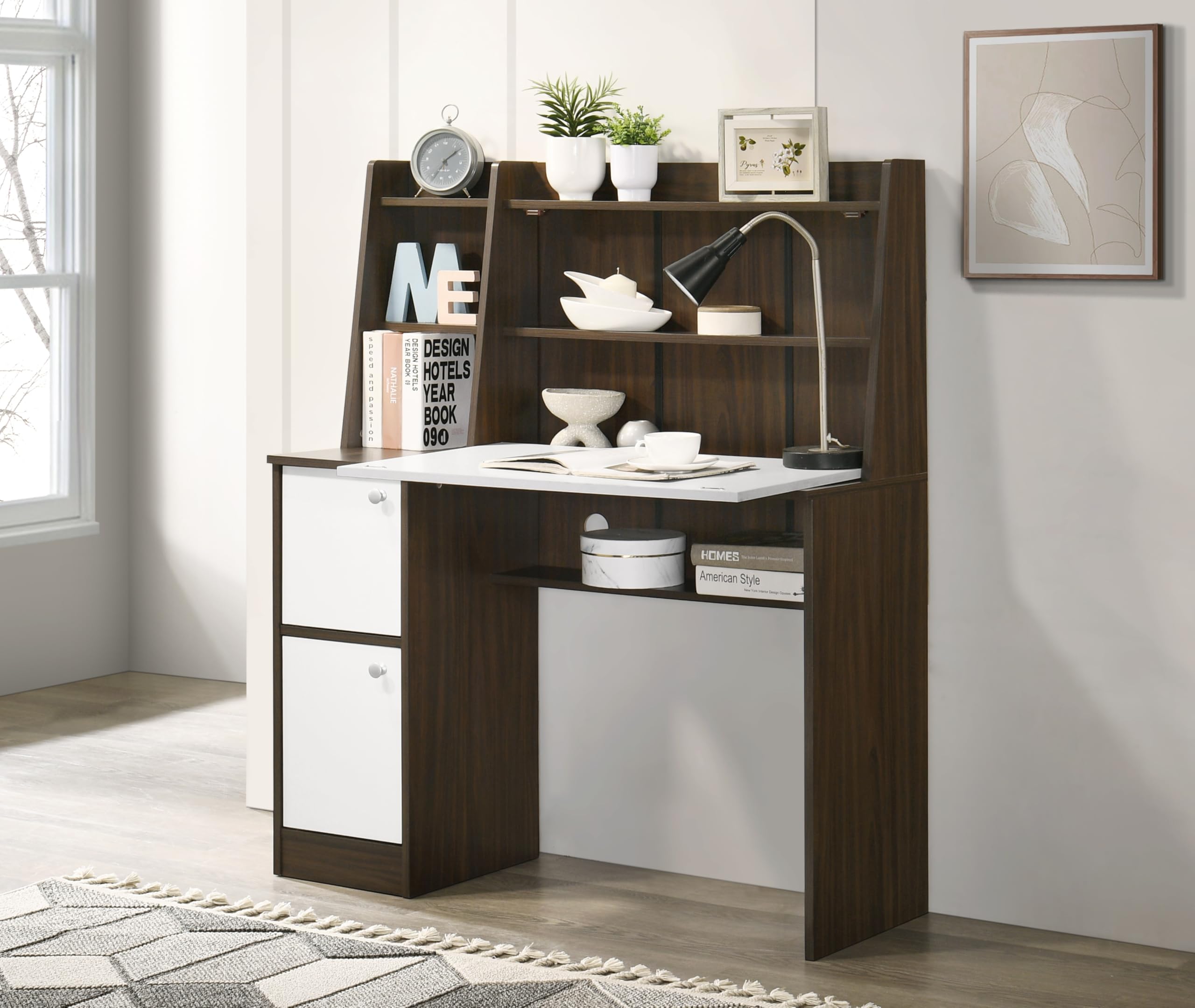 Deckup Aston Home Engineered Wood Study Table And Office Desk (Walnut & White, Matte Finish)