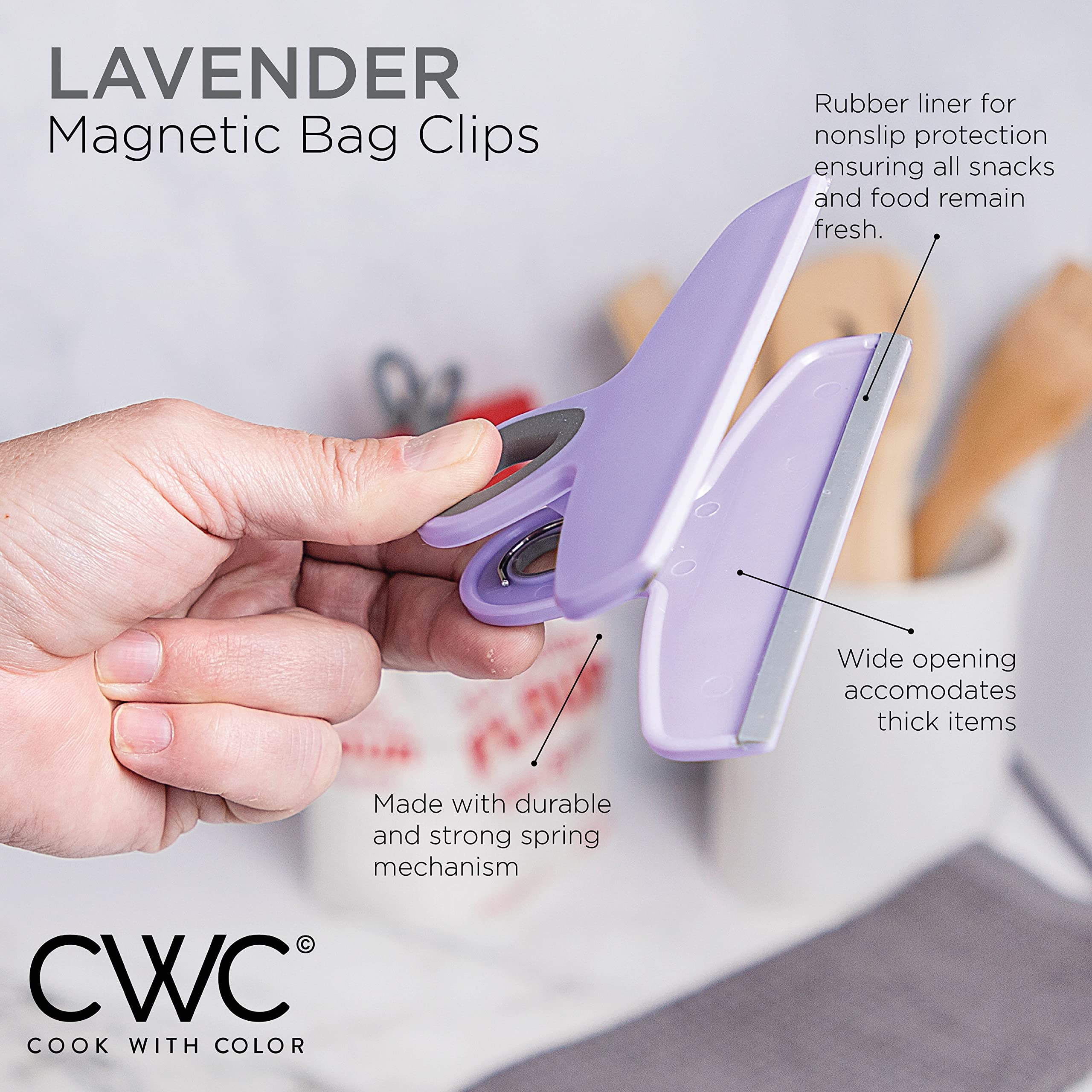Cook With Color Bag Clips - Heavy Duty Chip Clip And Refrigerator Magnet Clips For Food Storage With Air Tight Seal Grip, Lavend