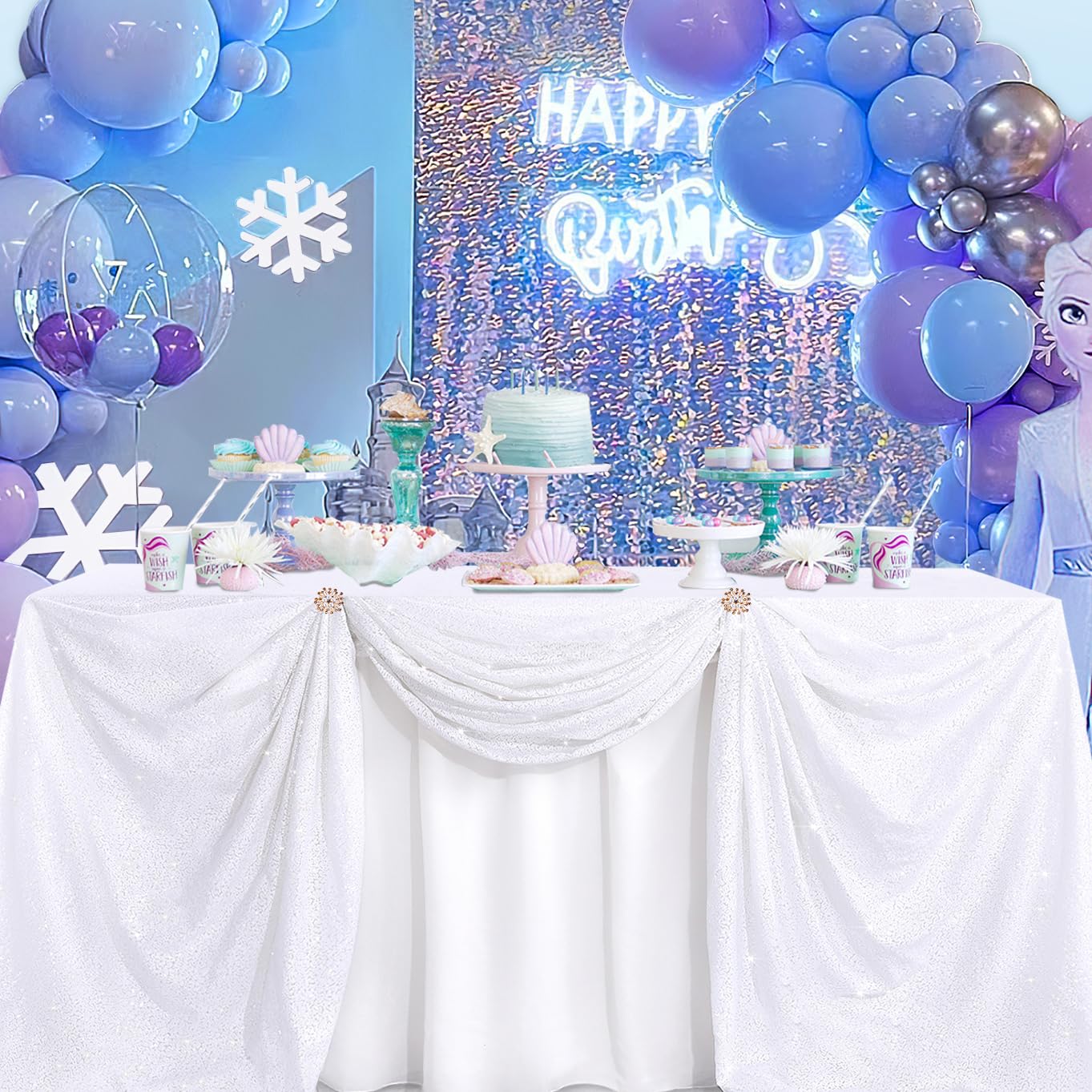 B-COOL White Sequin Tablecloth Small Decorative Table Cloths Christmas White Sparkly Tabletop Fabric Linen for Valentines Day W
