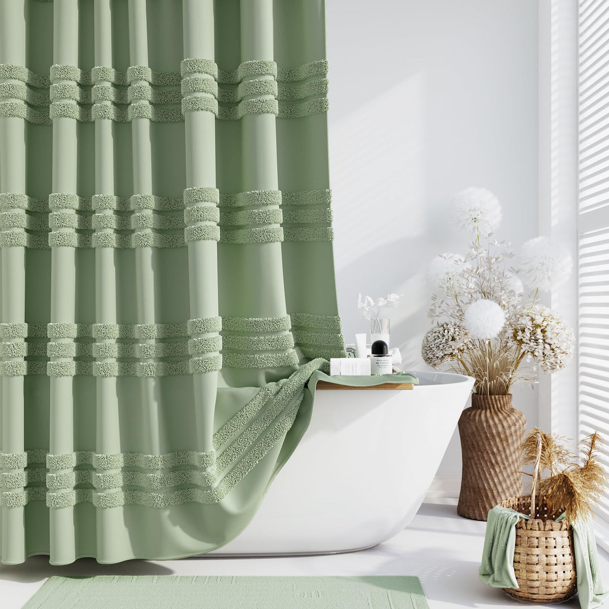 Dynamene Extra Long Shower Curtains, 84 Inches Long Textured Tufted Chenille Striped Fabric Bathroom Shower Curtain, Tall Modern