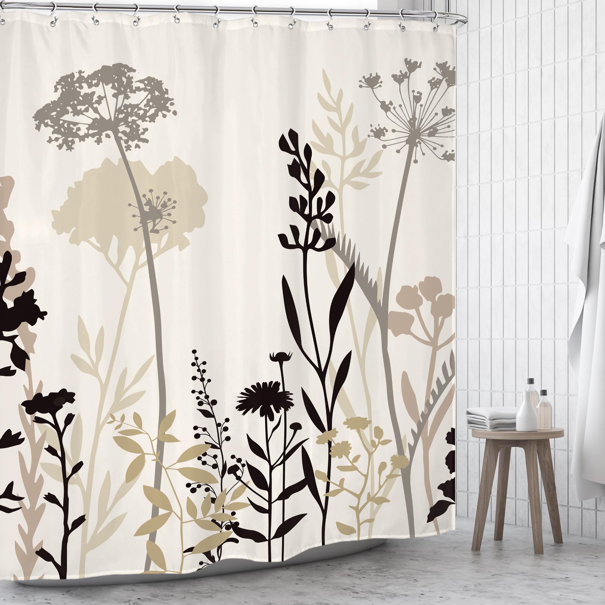 Omifly Beige Cream Floral Shower Curtain 72Wx72H Inch Taupe Brown Silhouette Wildflower Rustic Boho Plant Botanical Vintage Abst