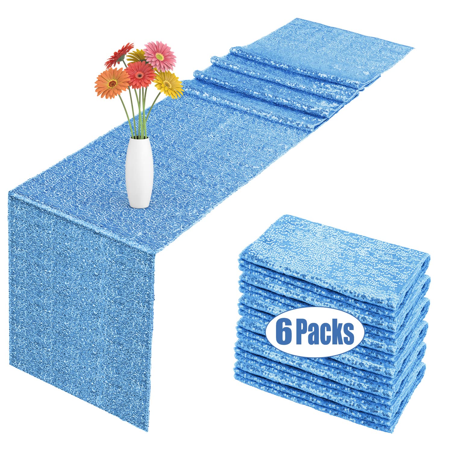 6 Pack Sequin Table Runner Baby Blue, 12 X 108 Inch Glitter Baby Blue Table Runner For Rectangle Table For Birthday, Wedding, Ba