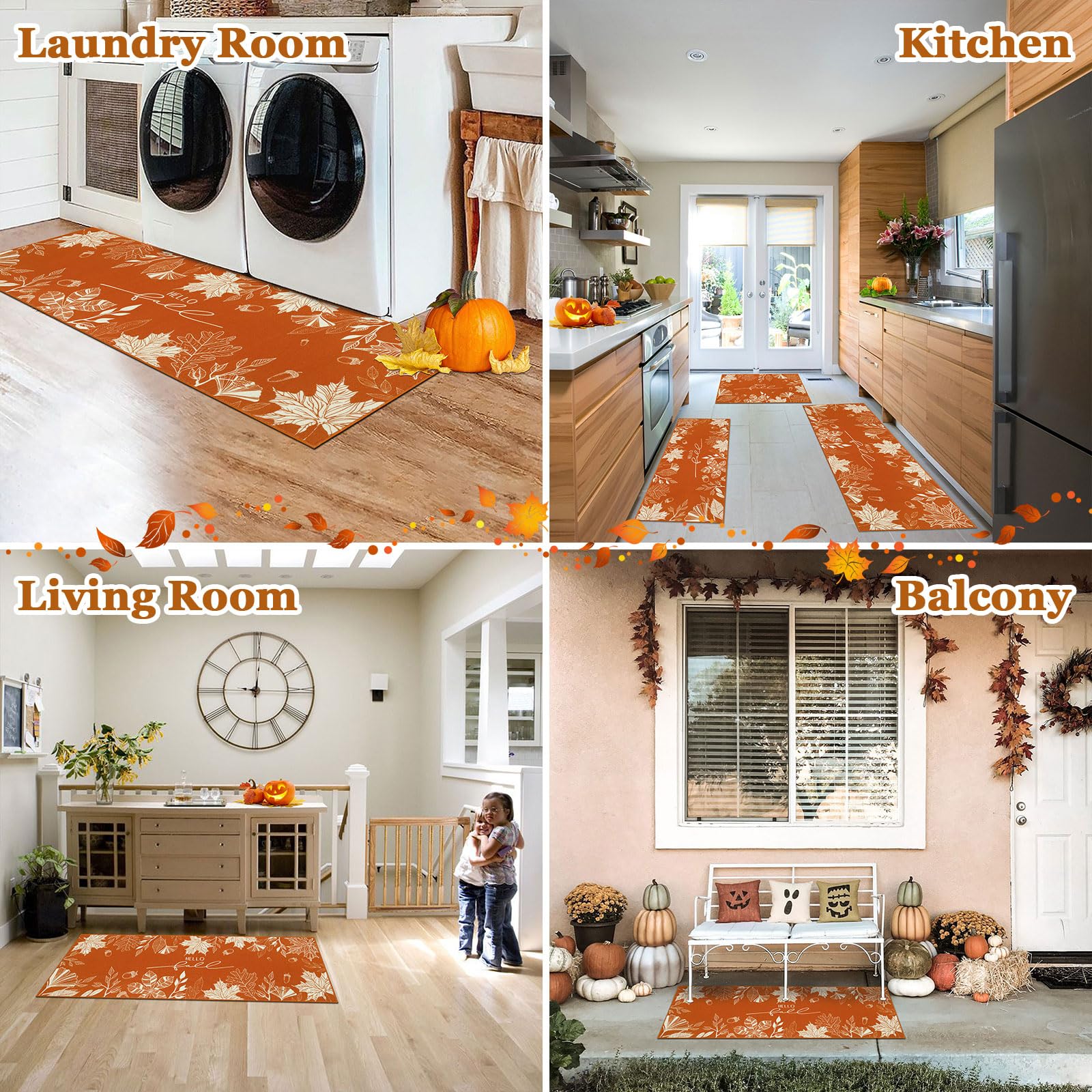 U Artlines Fall Leaves Kitchen Rugs with Runner Sets 3 Piece Farmhouse Seasonal Harvest Holiday Party Rugs and Mats Non Skid Wa