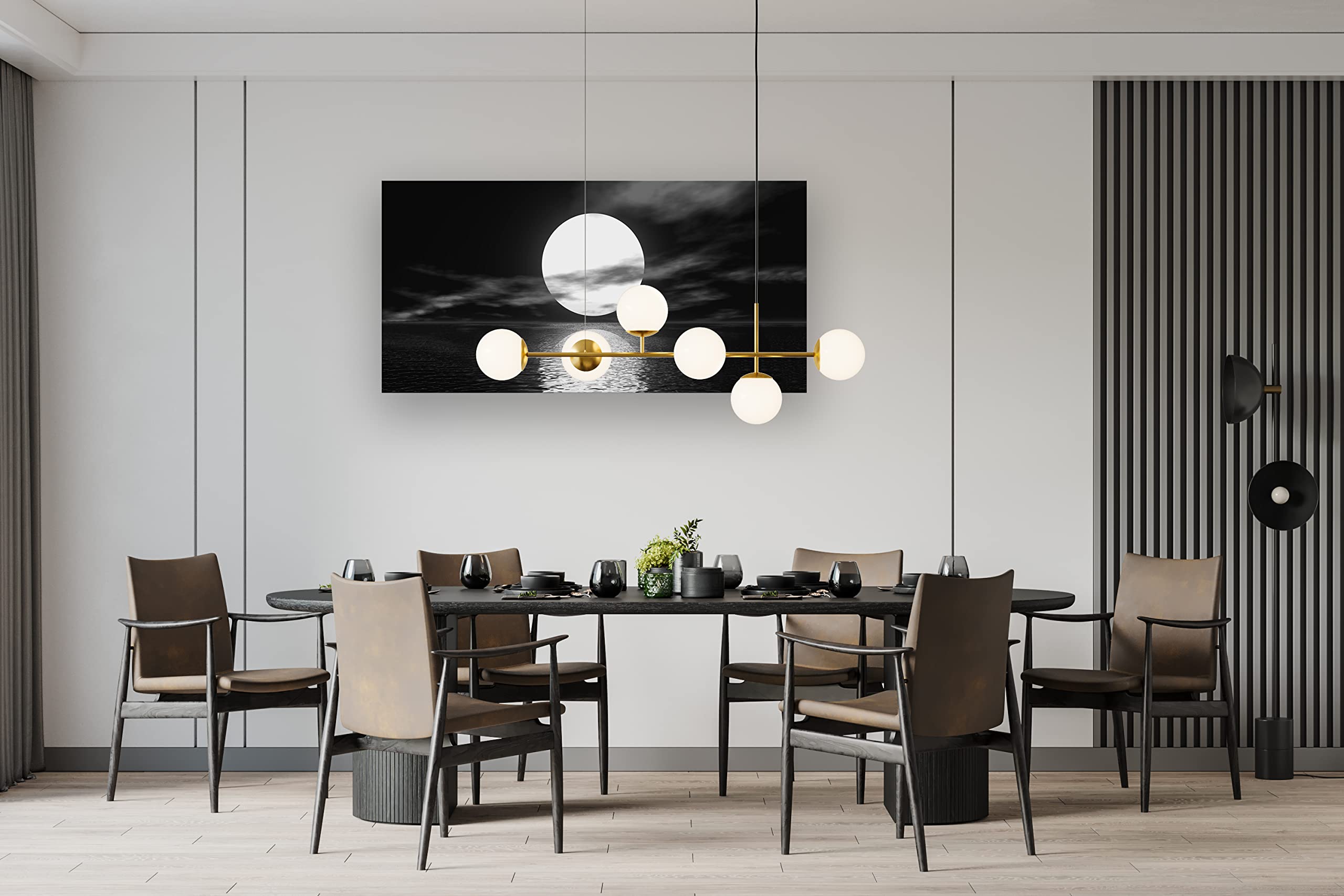 Cao Gen Decor Art S06450 Wall Art Canvas Sea White Full Moon in Night Picture Canvas Poster Print Black and White Ocean for Living Room Bedroom Kitchen Home Decorations Framed Artwork