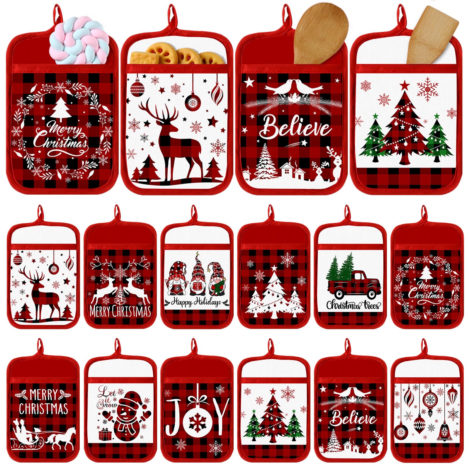 Jingmore 12 Pcs Christmas Pot Holders with Pocket Xmas Buffalo Plaid Pot Holders for Kitchen Winter Hot Pads Oven Mitt Cookie Ba