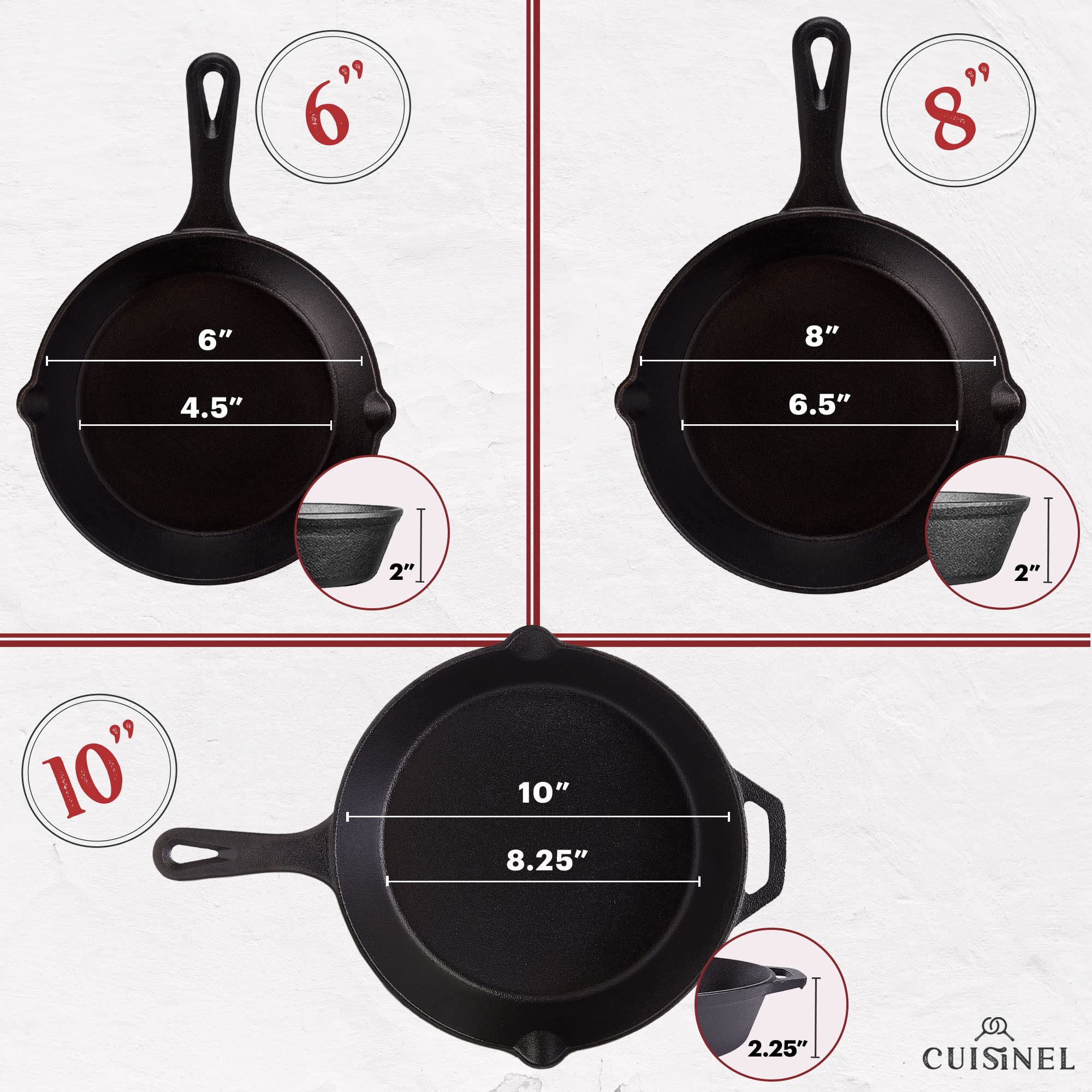 Cuisinel Cast Iron Skillet Set - 3-Piece: 6'' + 8'' + 10''-Inch Chef Frying Pans - Pre-Seasoned Oven Safe Cookware + 3 Heat-Resi