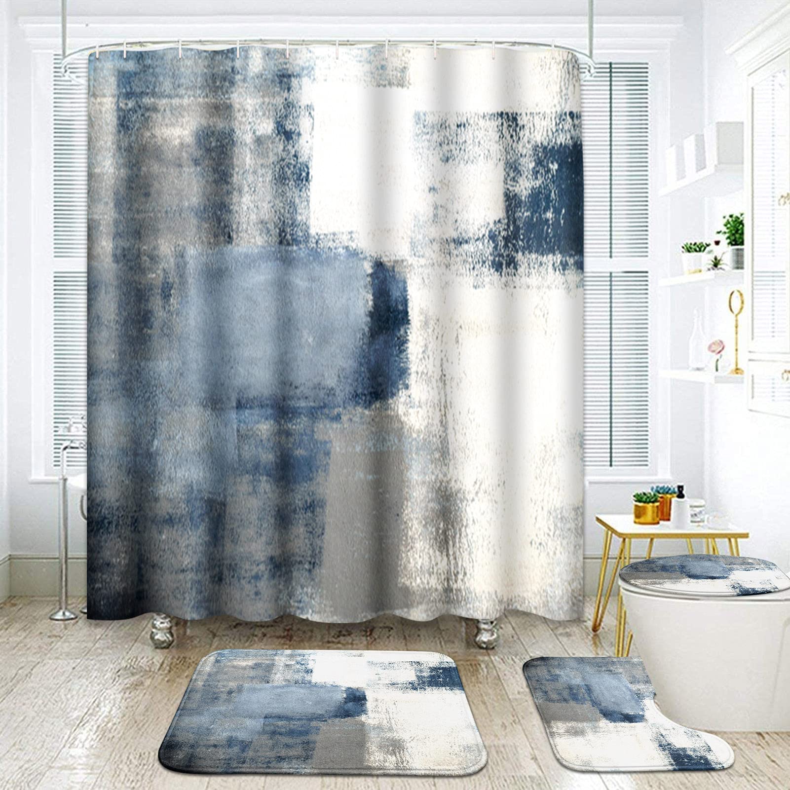 Artsocket 4 Pcs Shower Curtain Set Blue Grey Abstract Painting Gray Vintage Retro With Non-Slip Rugs Toilet Lid Cover And Bath M