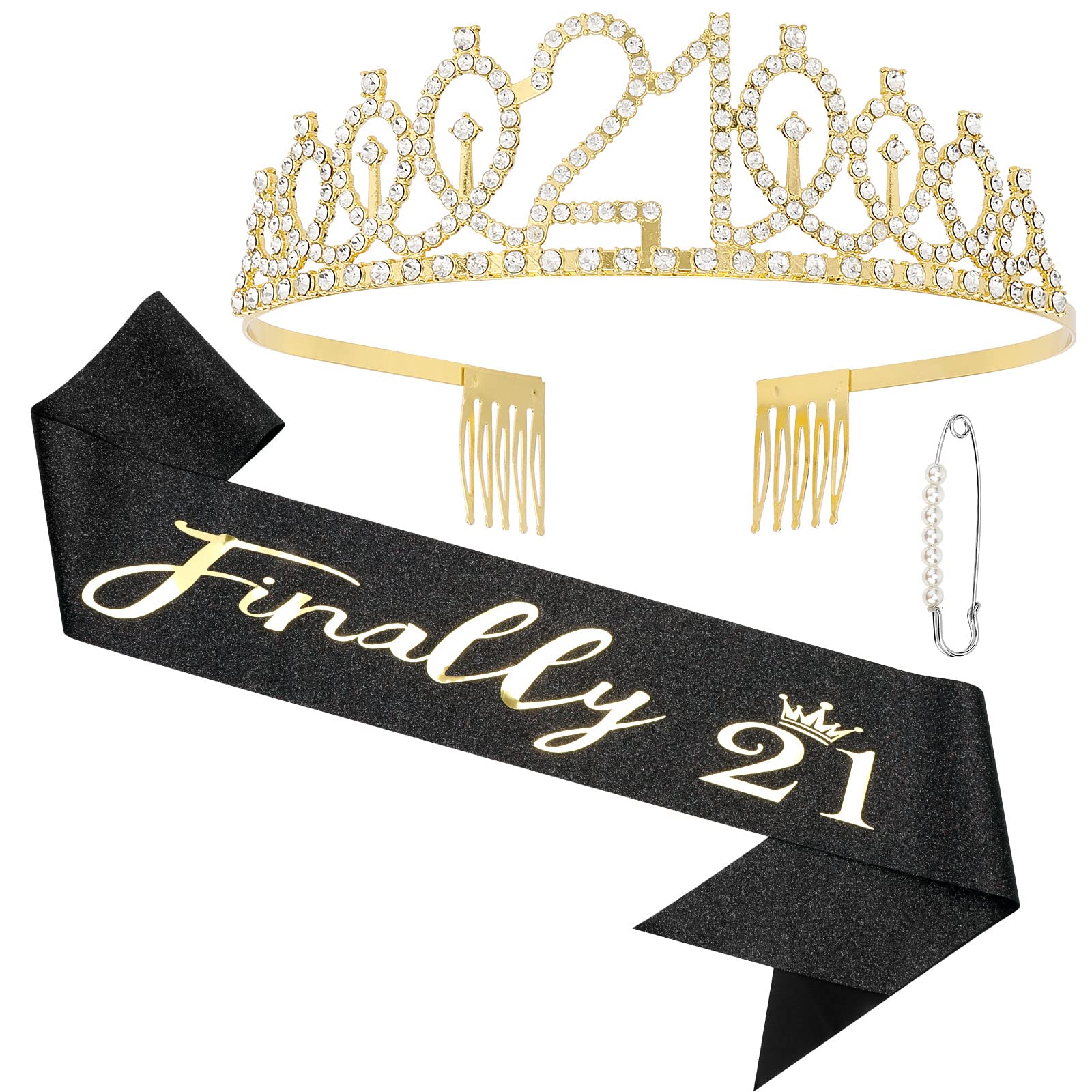 21St Birthday Decorations For Her ''Finally 21'' Black Birthday Sash And Gold Rhinestone Crown Tiara Set For Girls 21St Birthday