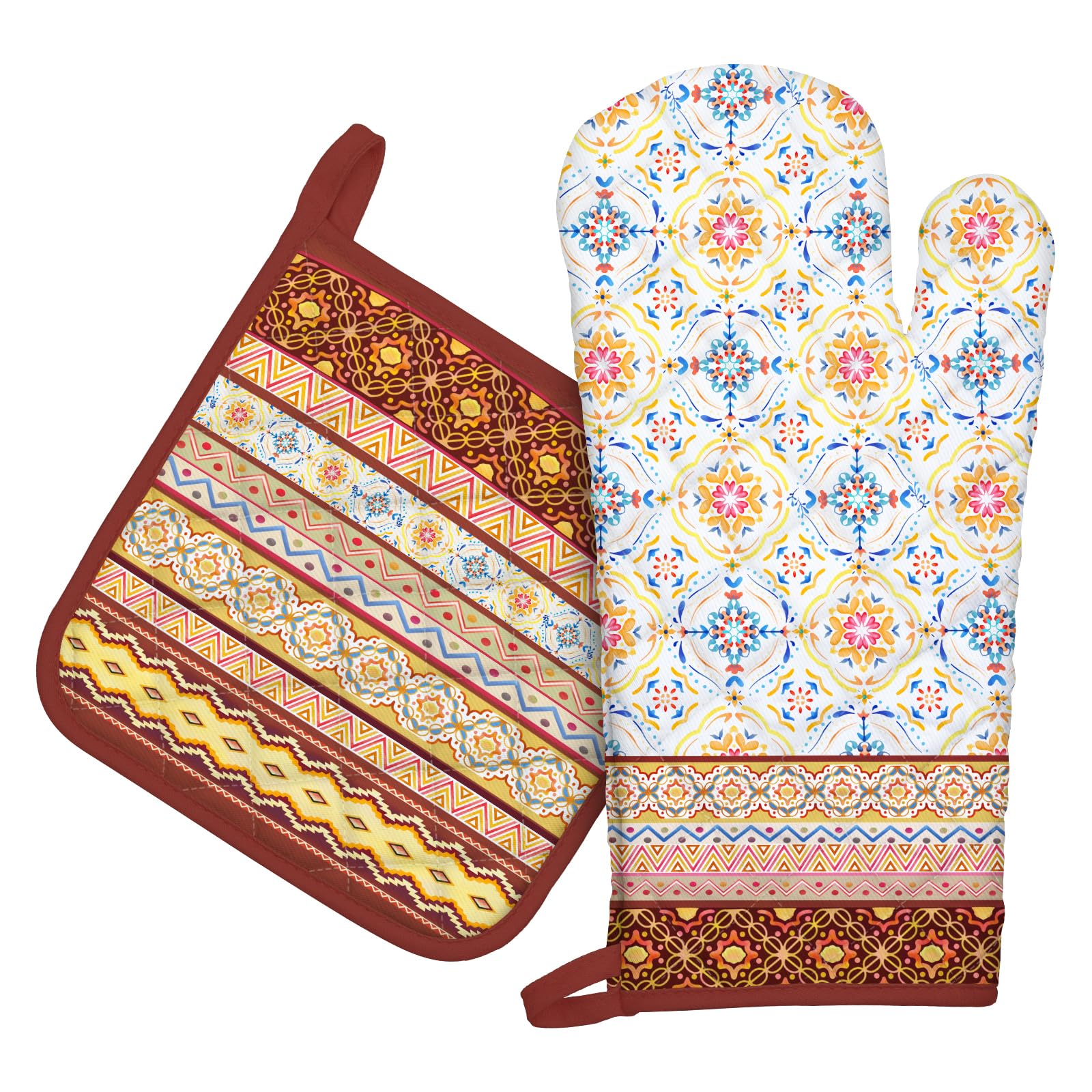 Arquiel Boho Floral Oven Mitts And Pot Holders Sets 2Pcs, 100% Cotton Heat Resistant, Extra Long Oven Gloves Potholder For Kitch