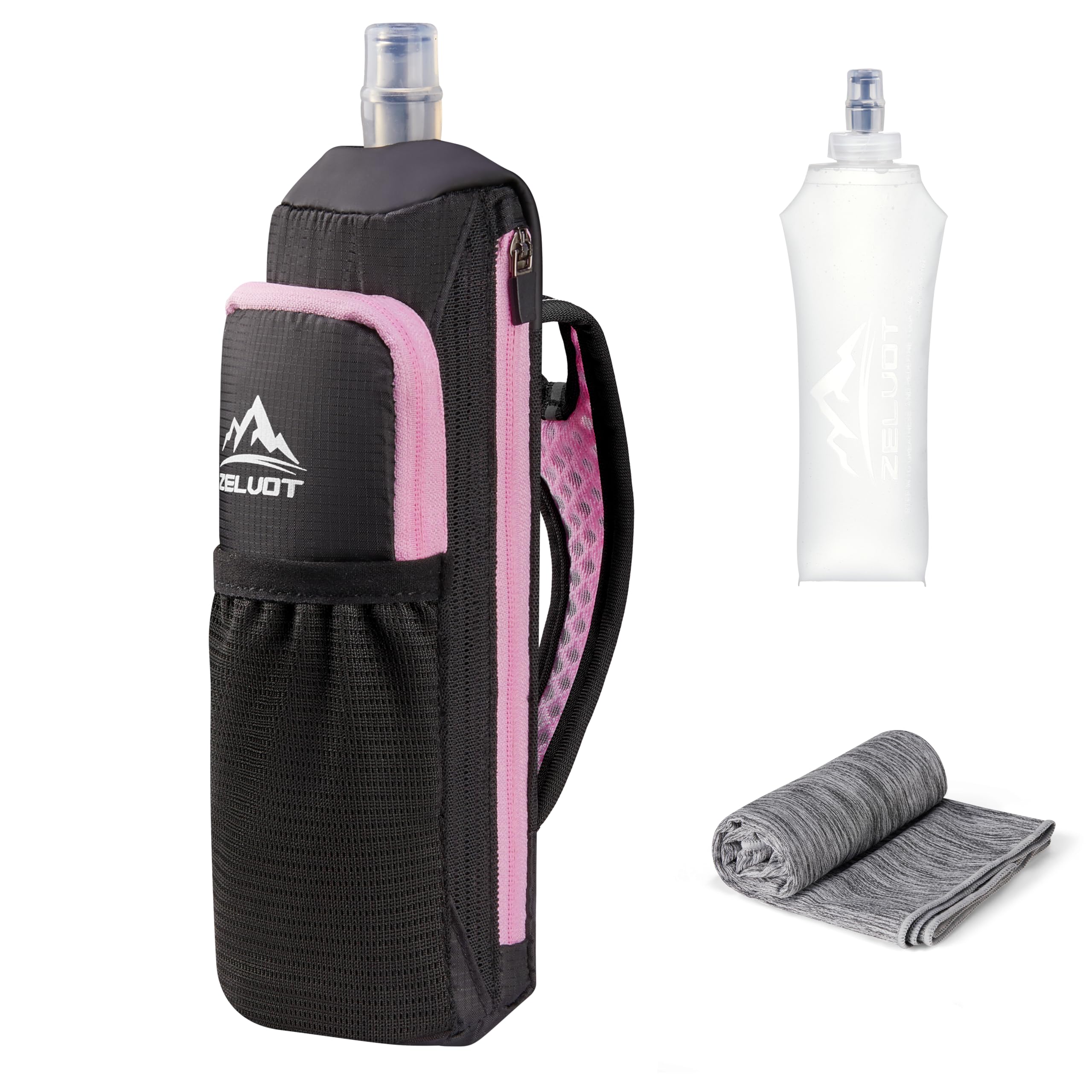 Zelvot 17 oz Running Water Bottle Handheld with Phone Holder, Pink