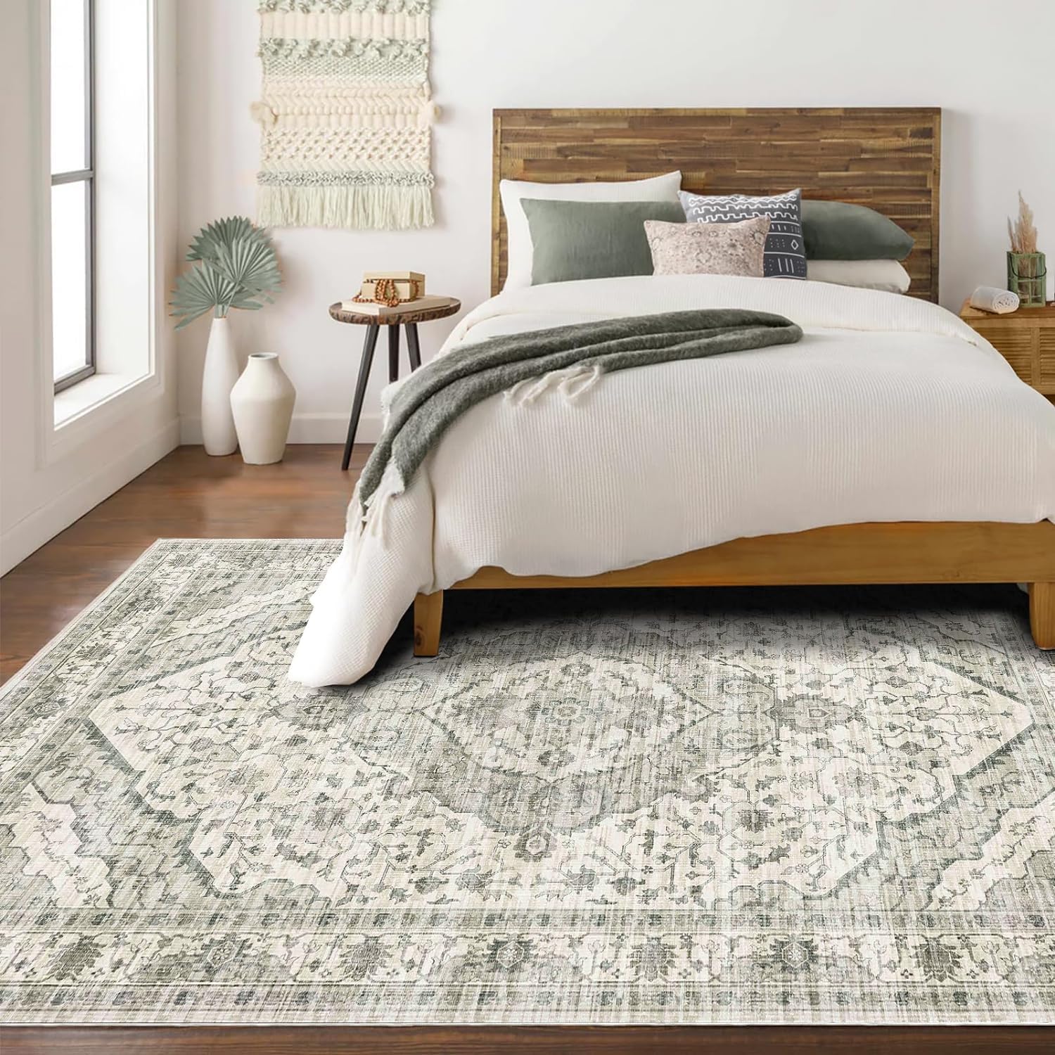 Deerly Washable Area Rugs 5x7 Cream Rug for Living Room Bedroom Dining Room, Low-Pile Kid & Pet Friendly Distressed Carpet Print