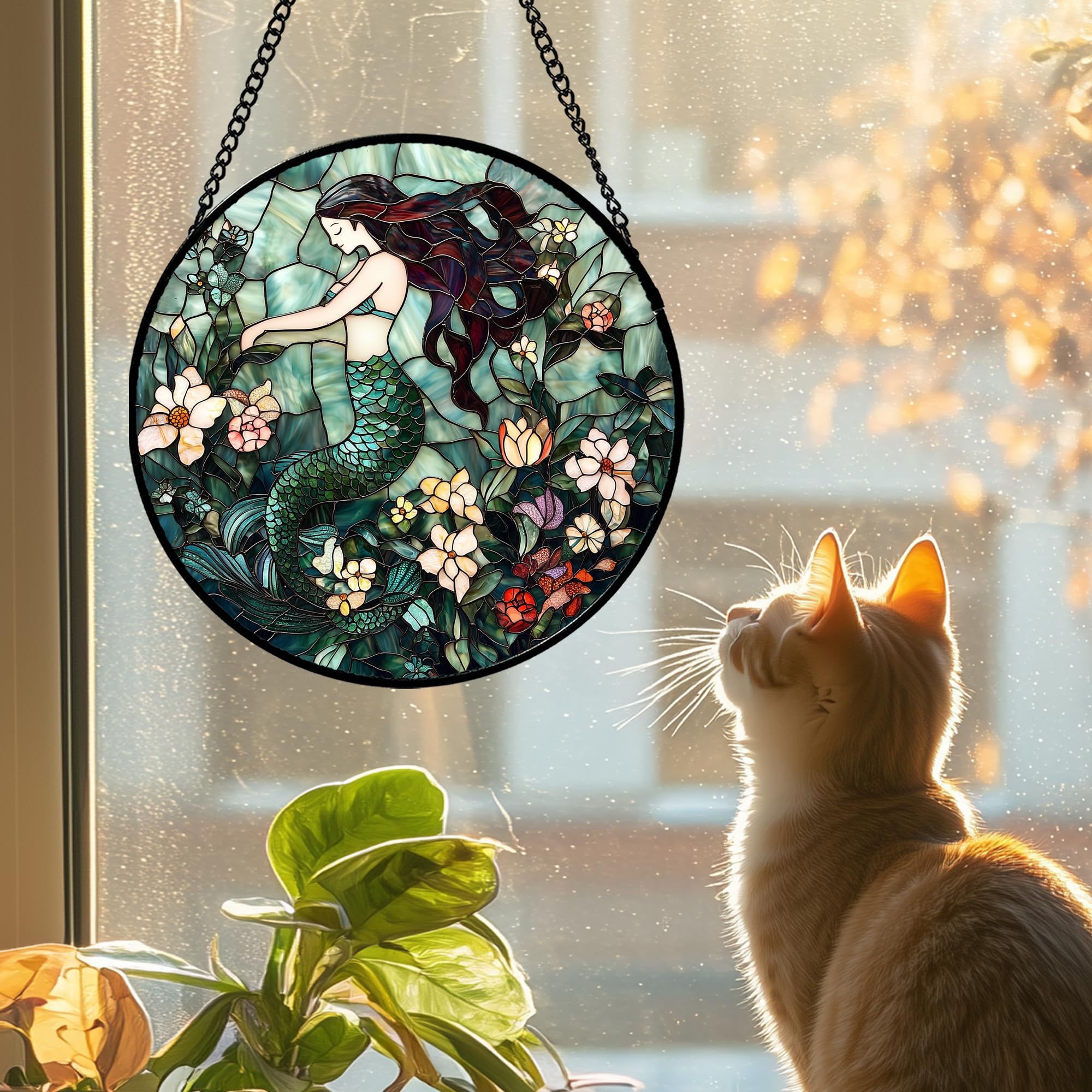 JOSUMALY Stained Glass Window Hanging - Teal Sleeping Mermaid Suncatcher for Door Terrace Garden Home Decor, Sea of Flowers Sun