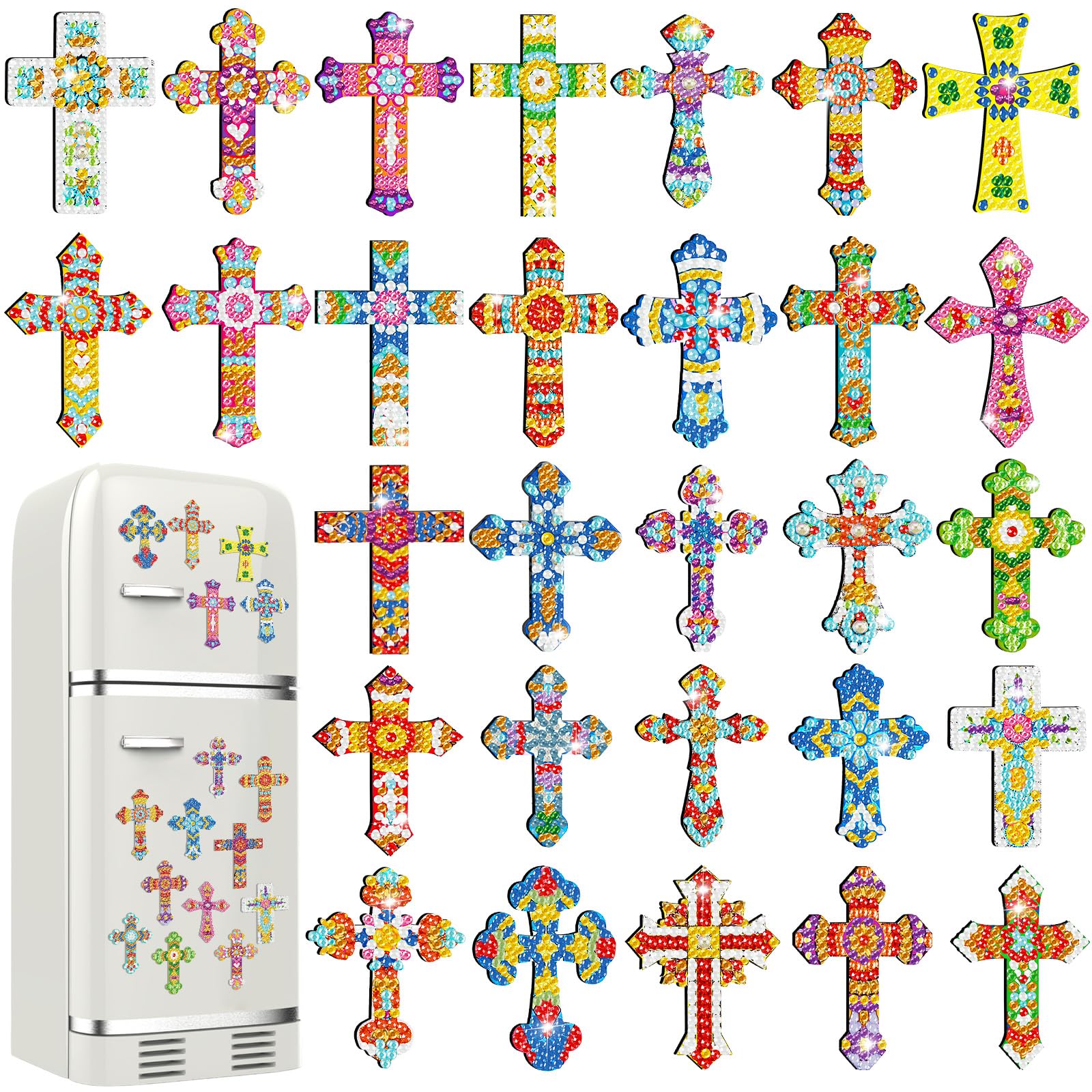 Motipuns 30 Pcs Christmas Cross Diamond Art Painting Magnets Kits Religious Fridge Magnet Christmas Refrigerator Sticker Jesus D