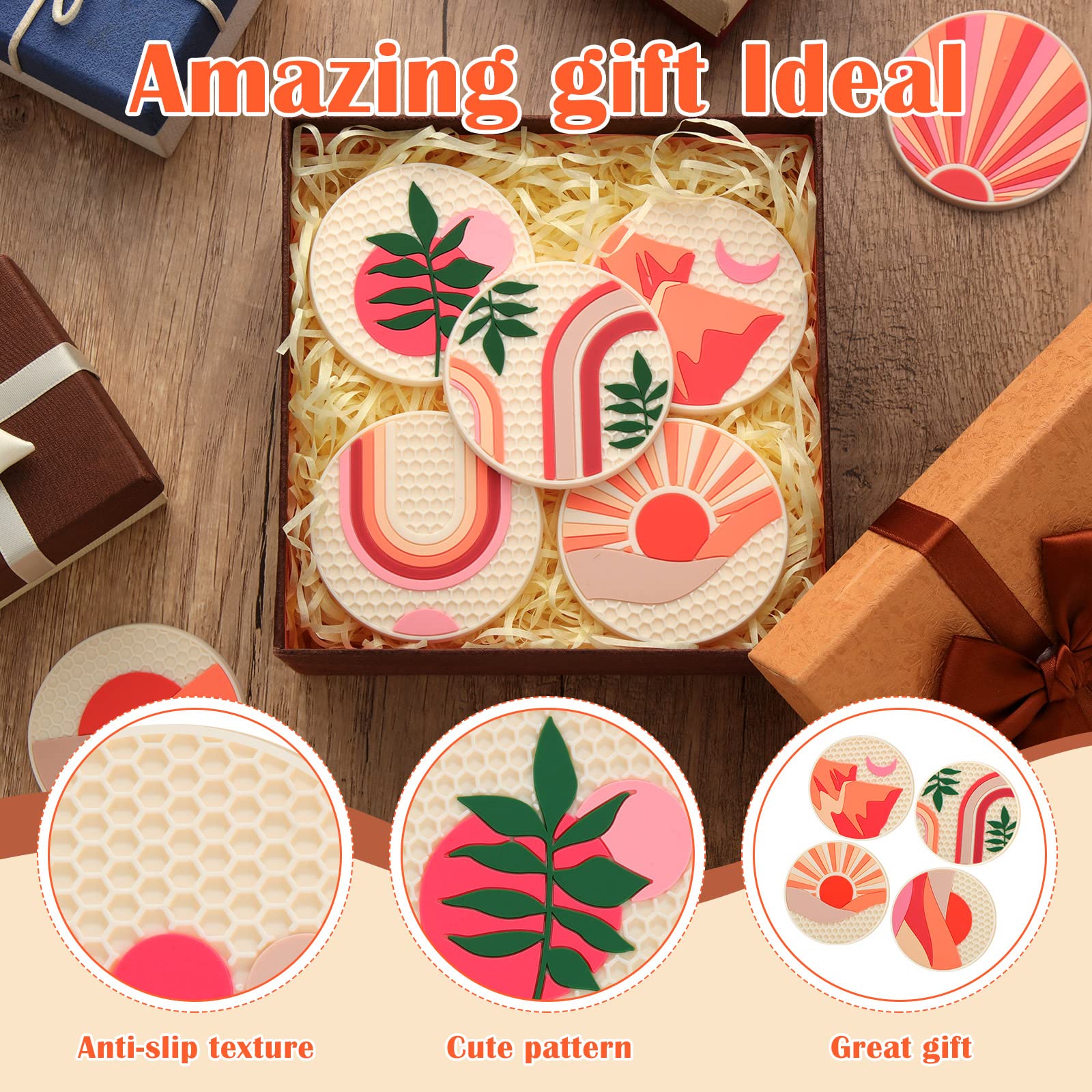 Dandat 8 Pcs Boho Car Coasters Cute Car Cup Holder Absorbent Car Accessories Fun Drink Coaster Car Decoration Gifts for Women (2.76 Inch Silicone)