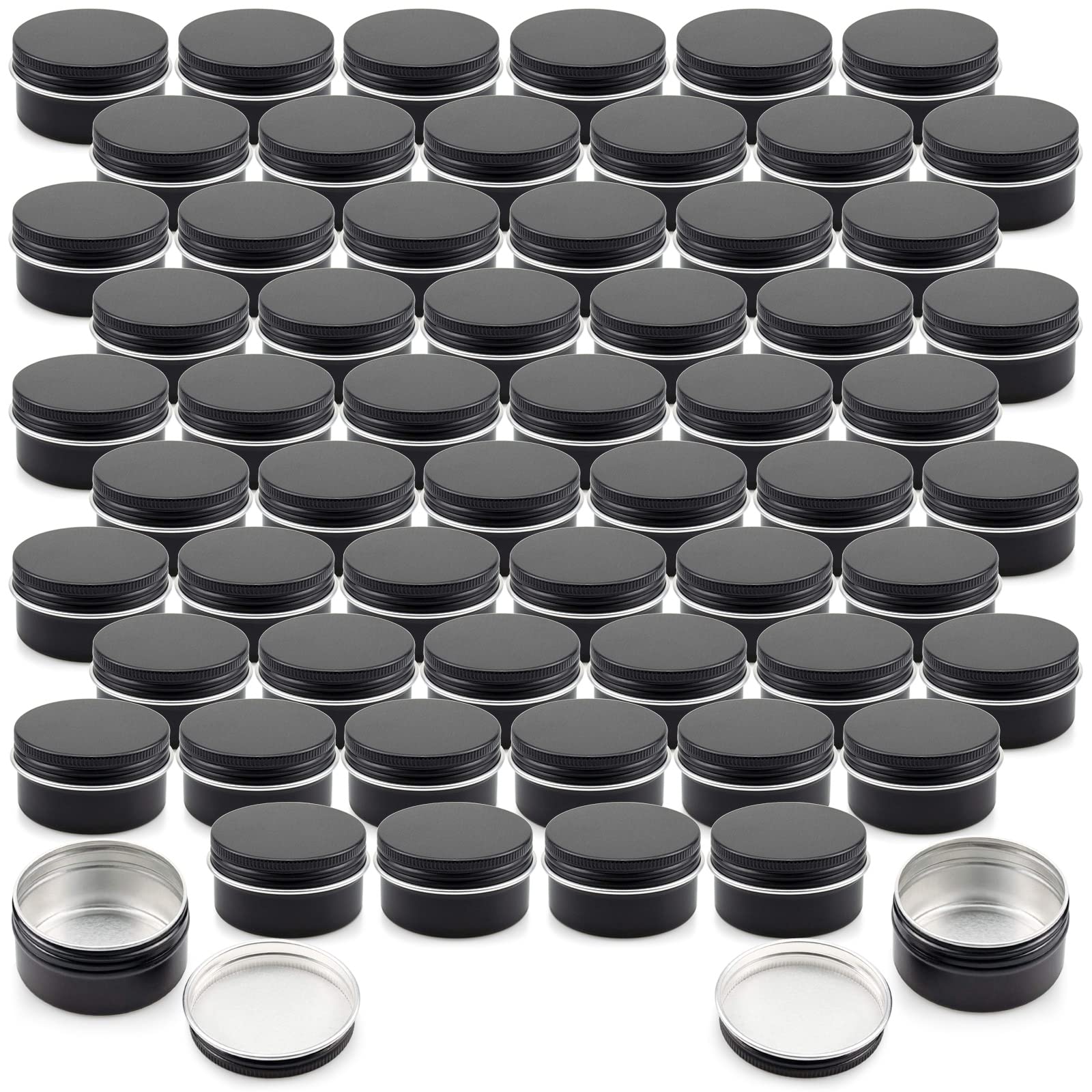 Foraineam 60 Pack 1 Oz. Aluminum Round Lip Balm Tin Container Bottle With Screw Lid - Black Empty Tins For Salve, Powder, Spice,