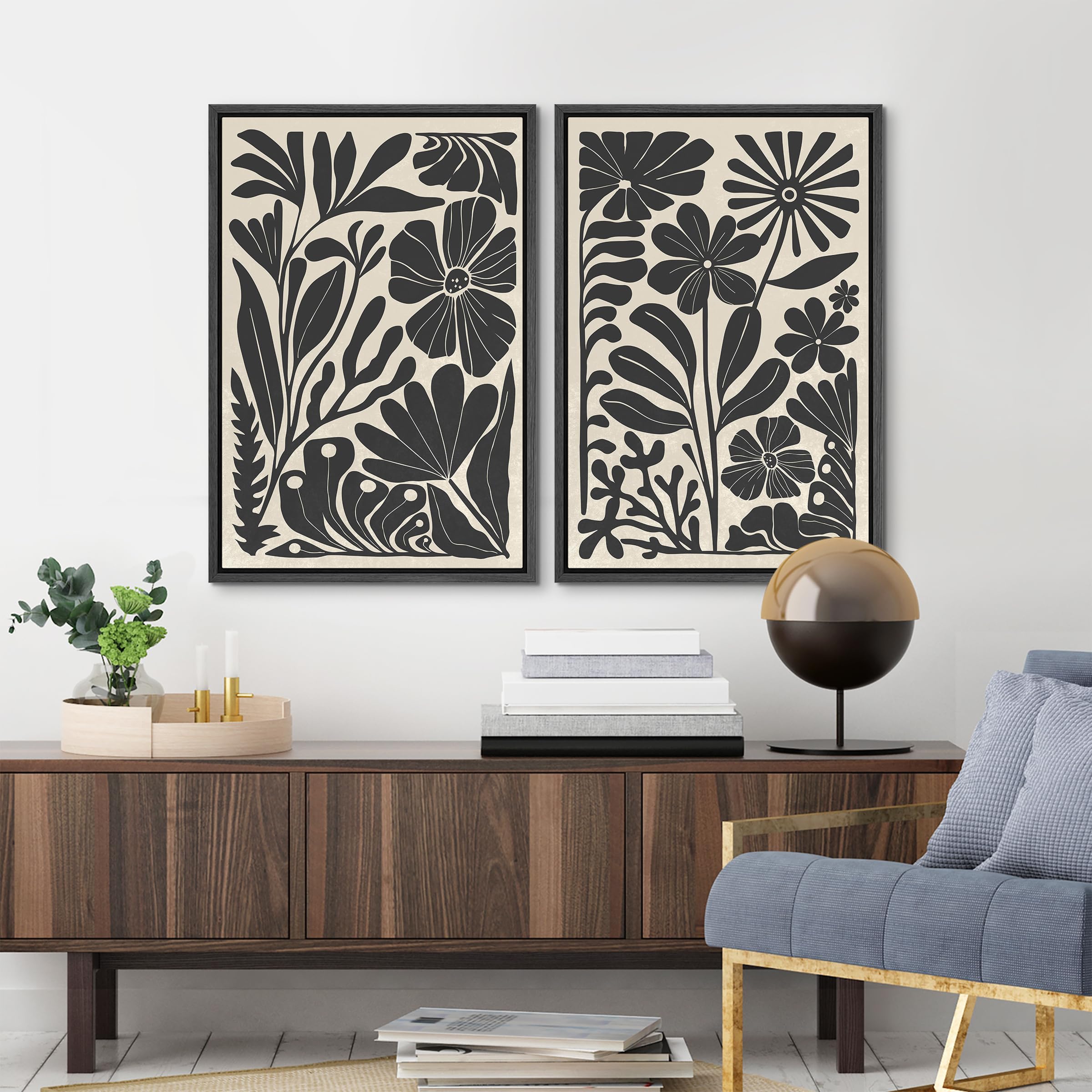 Mudecor Framed Canvas Wall Art Abstract Floral Botanical Prints Minimalist Modern Art Boho Wall Decor For Bedroom - 24''X36''X2