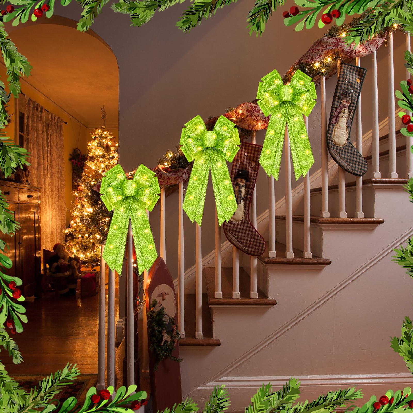 Giegxin 2 Pcs Large Lime Green Lighted Christmas Bows with Lights for Wreath and Tree Topper, 18x10 Inch Pre Lit Wreath Bow Ligh