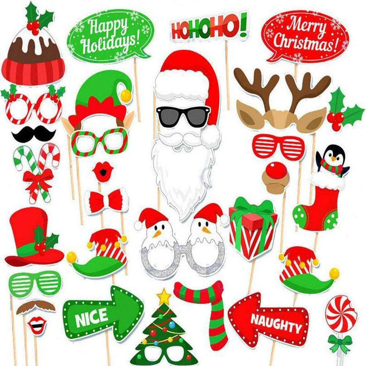 Soochat Christmas Photo Booth Props 32 Pieces Diy Photo Props Kits Dress-Up Holiday Photo Booth Selfie Props