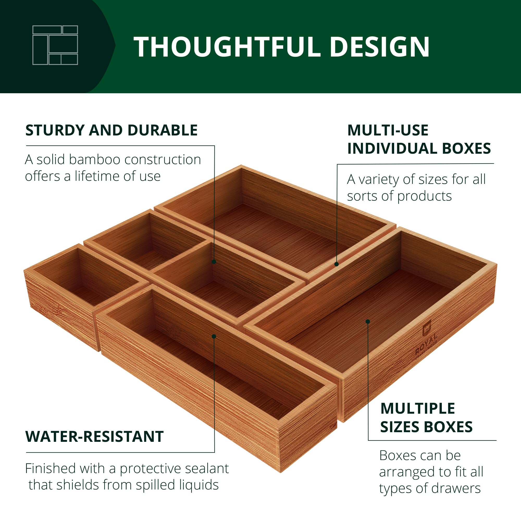 Royal Craft Wood Luxury Bamboo Jewelry Storage Chest - Multi-Use Wooden Treasure Chest Set (5 Boxes) For Jewelry And Home Organi
