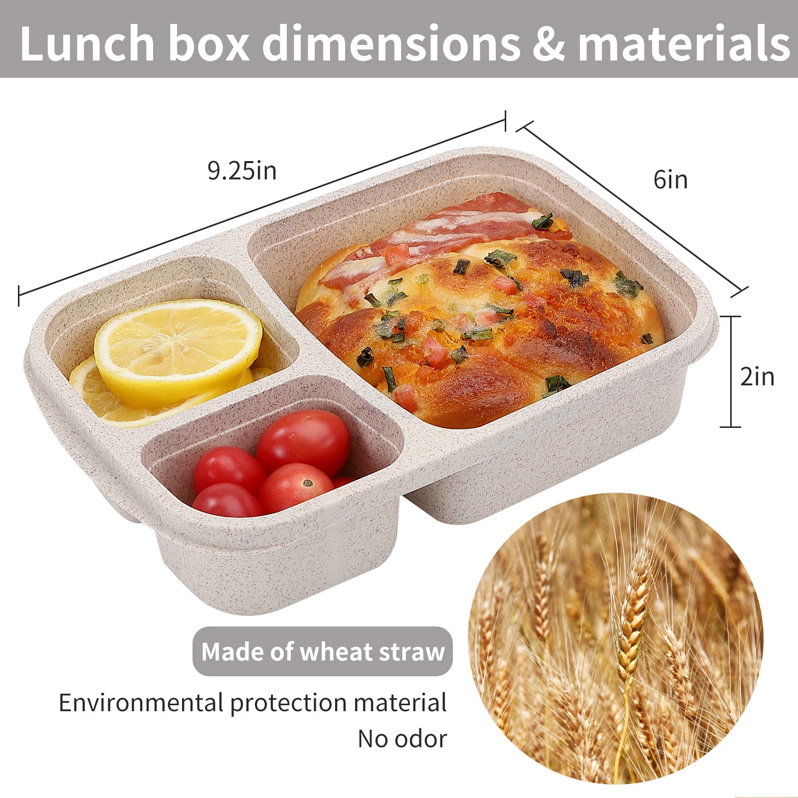Buluker 4 Pack Bento Lunch Box Set 3 Compartment Wheat Straw Meal Prep Food Storage Containers Plastic, Microwave And Dishwasher