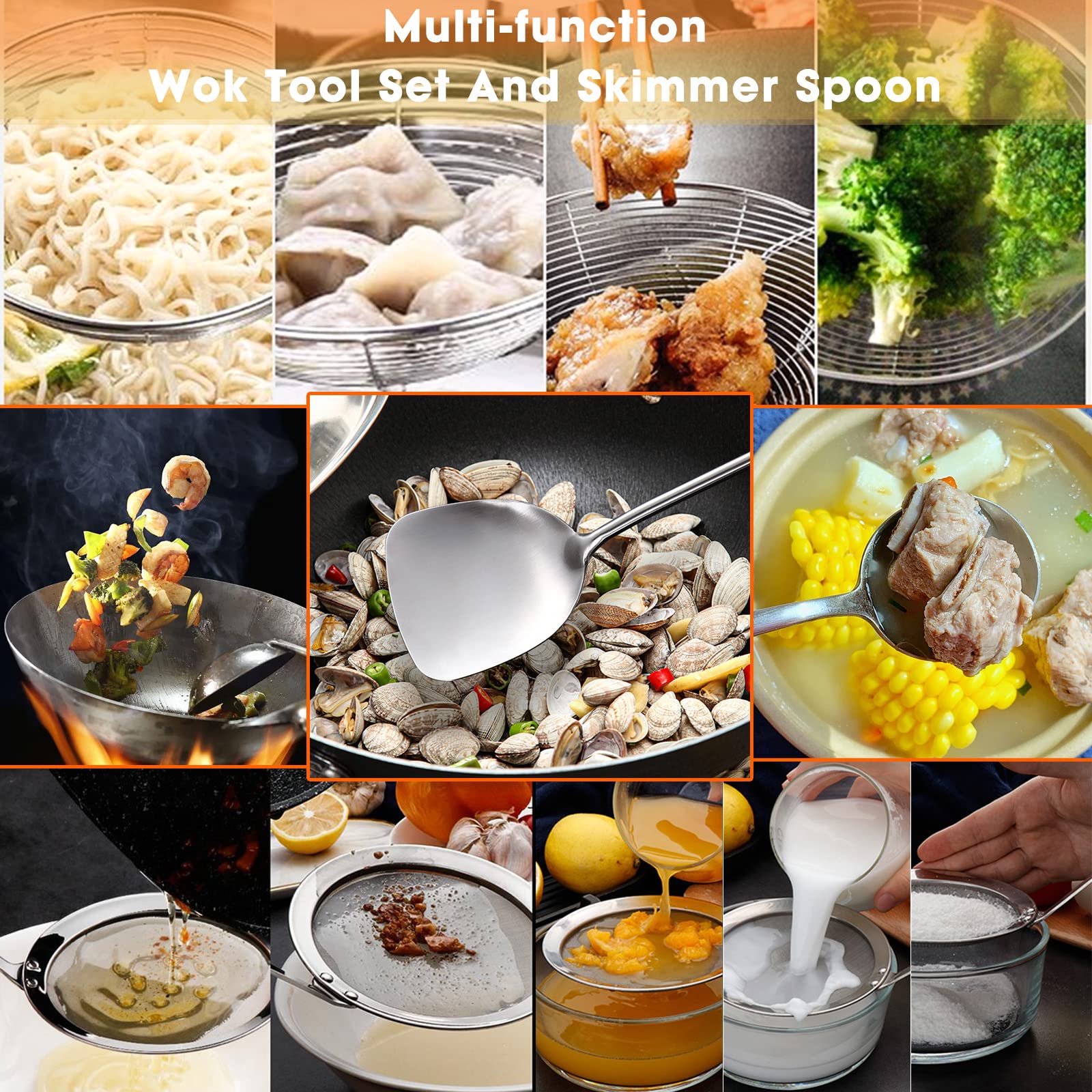 Durable 304 Stainless Steel Canning Ladle Oil Soup Spoon,Fat Skimmer Spoon Hot Pot Fine Mesh Food Strainer Spider Strainer (4Pcs