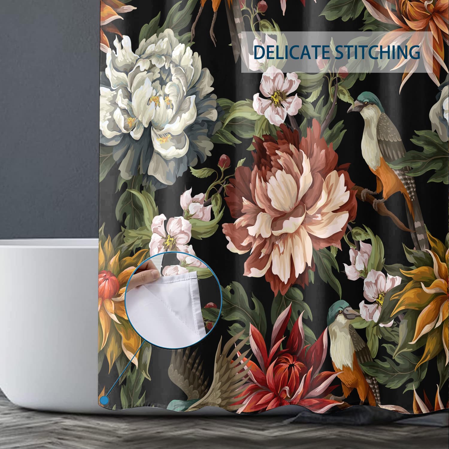 Bivinar Extra Long Vintage Peonies Roses And Birds Shower Curtain 72 X 84 Inch, Waterproof Fabric Floral Bathroom Shower Curtain
