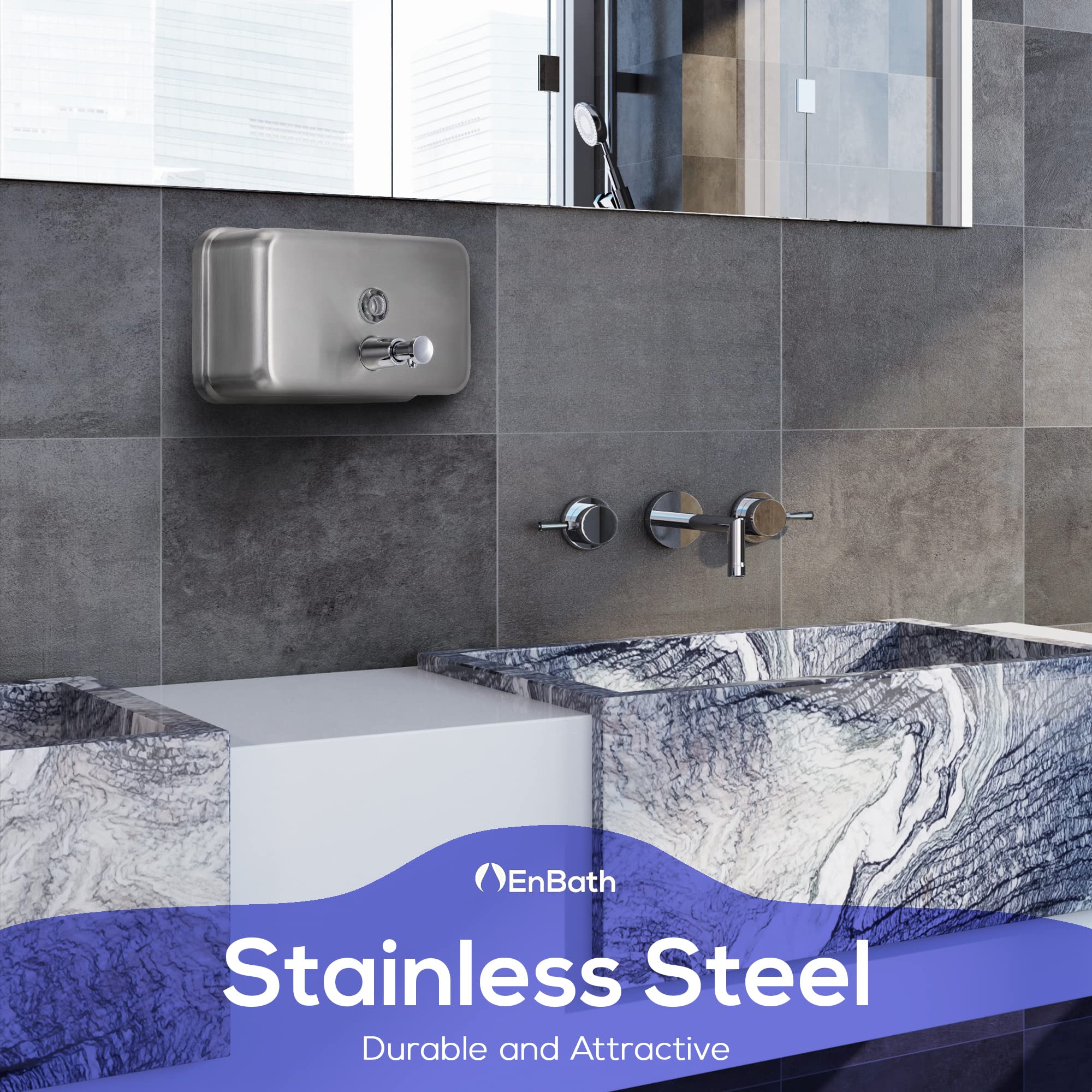 Commercial Soap Dispenser Wall Mount - Horizontal Stainless Steel Wall Mounted Soap Dispenser for Bathroom - New Superior Design with Anti-Leak Pump and Corrosion-Proof Lining- 37oz (1100ml) by EnBath